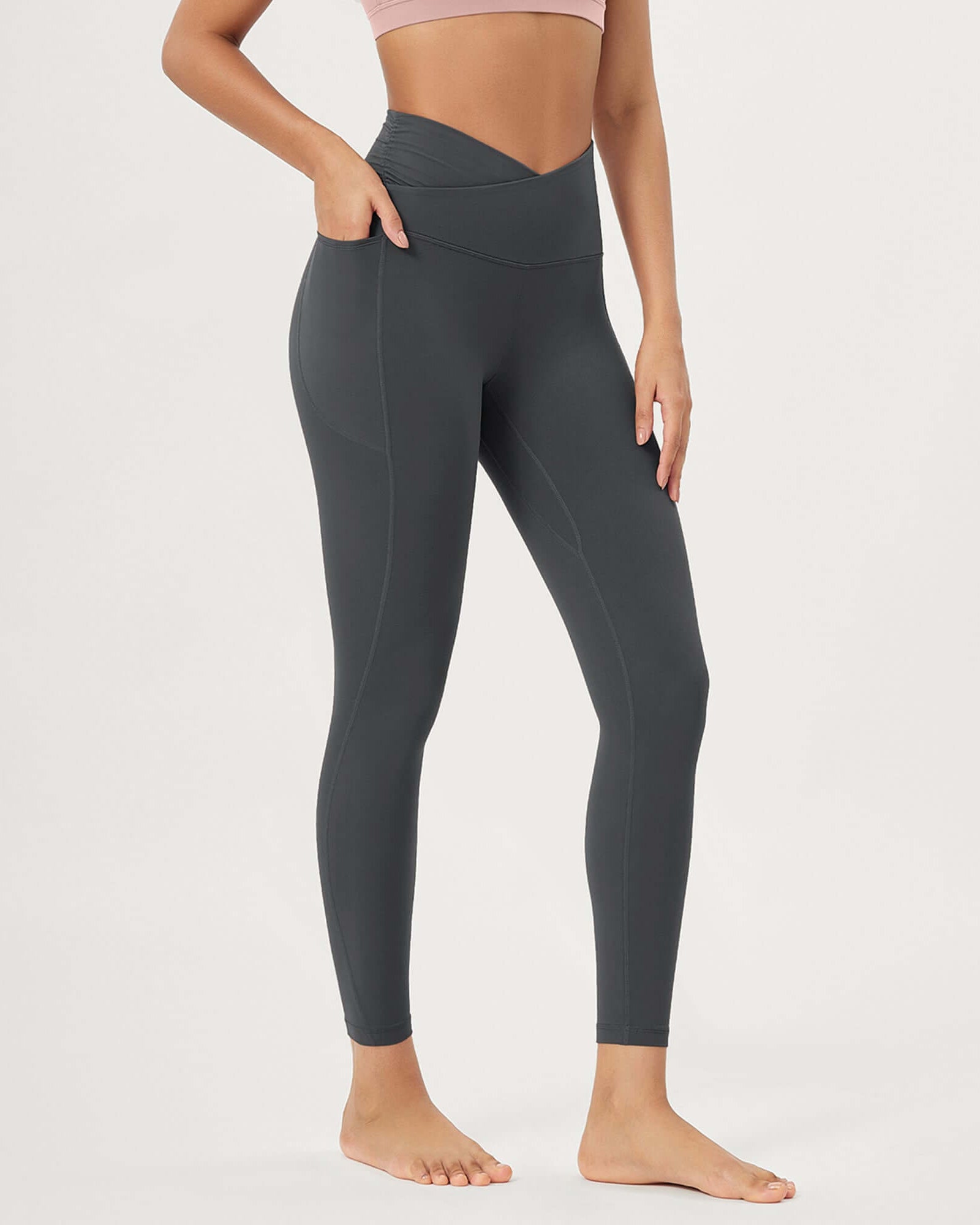 25 / 28 Gathered Crossover Lounge Yoga Leggings with Pockets 25 Inseam Charcoal - ododos