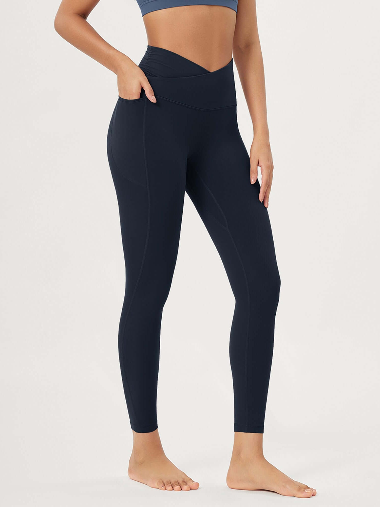 25 / 28 Gathered Crossover Lounge Yoga Leggings with Pockets 25 Inseam Deep Navy - ododos