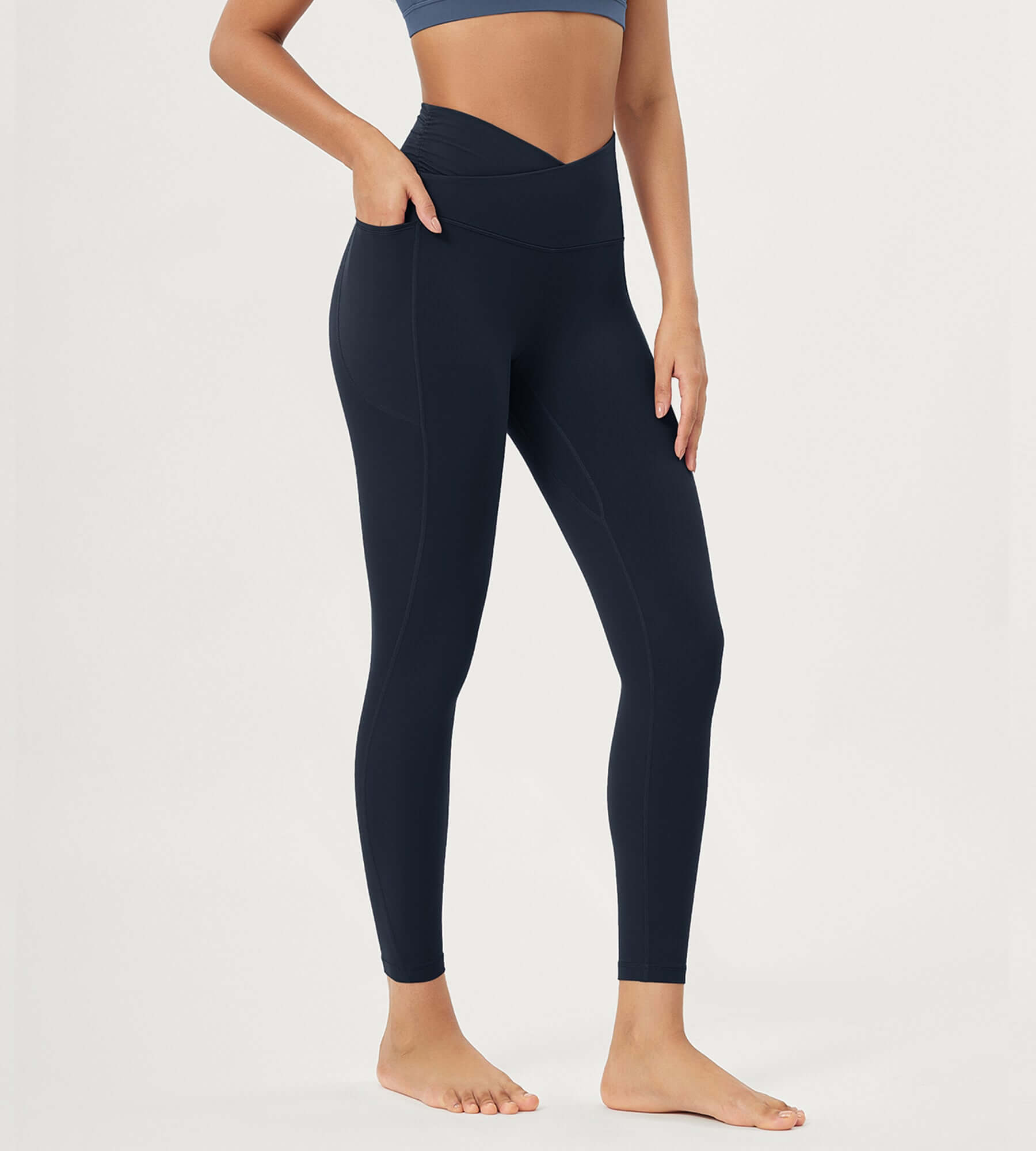 25 / 28 Gathered Crossover Lounge Yoga Leggings with Pockets 25 Inseam Deep Navy - ododos