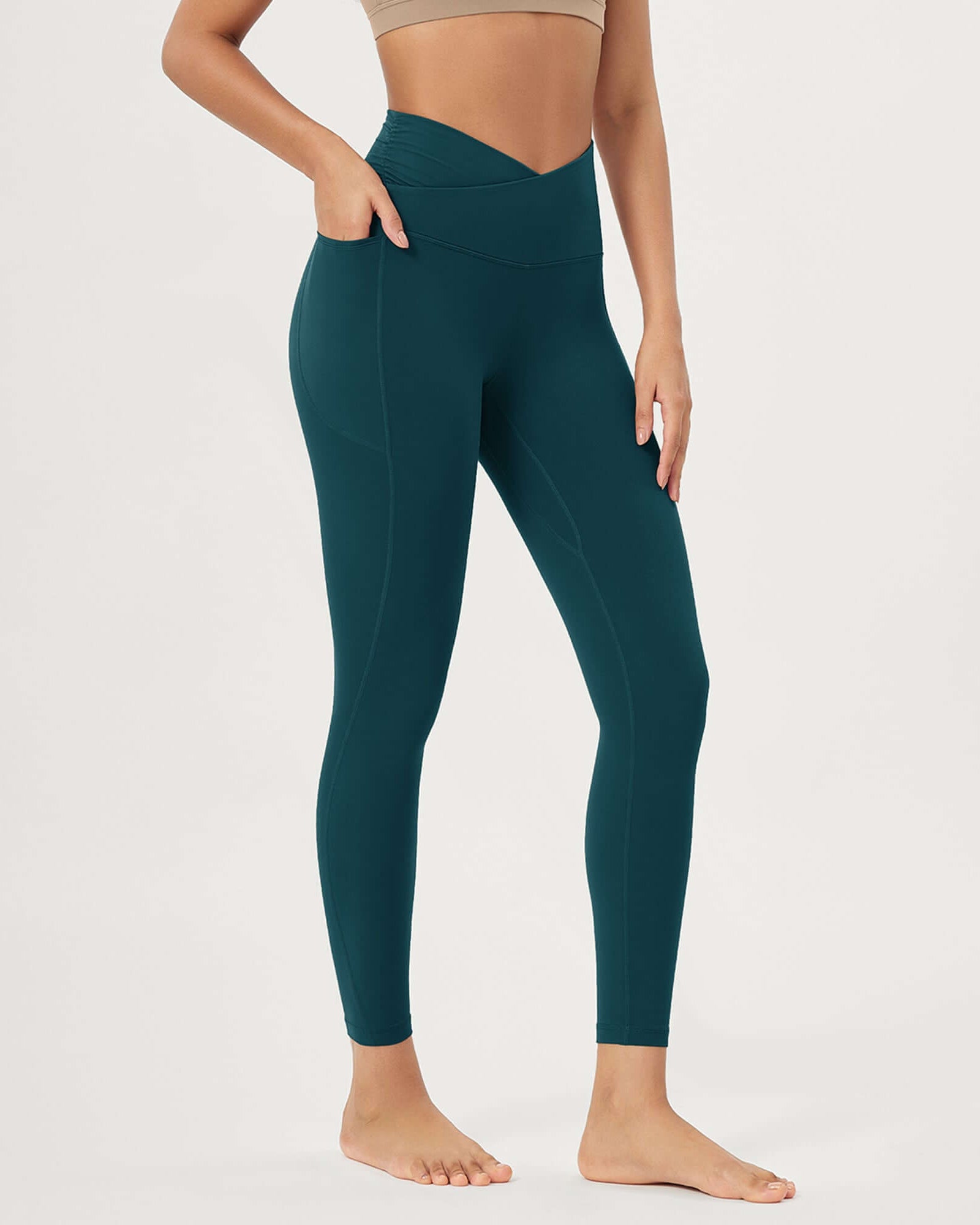 25 / 28 Gathered Crossover Lounge Yoga Leggings with Pockets 25 Inseam Forest Teal - ododos