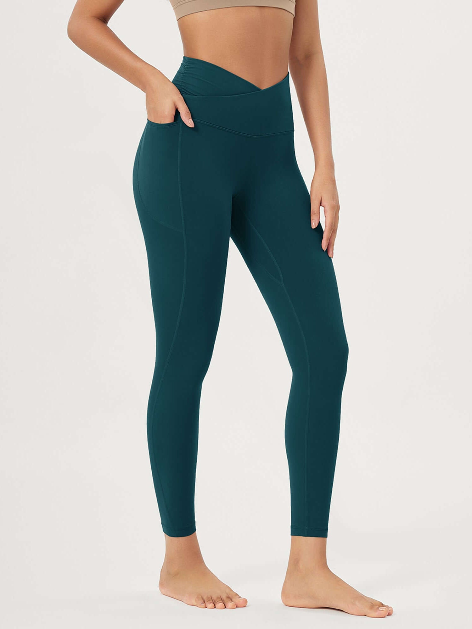 25 / 28 Gathered Crossover Lounge Yoga Leggings with Pockets 25 Inseam Forest Teal - ododos