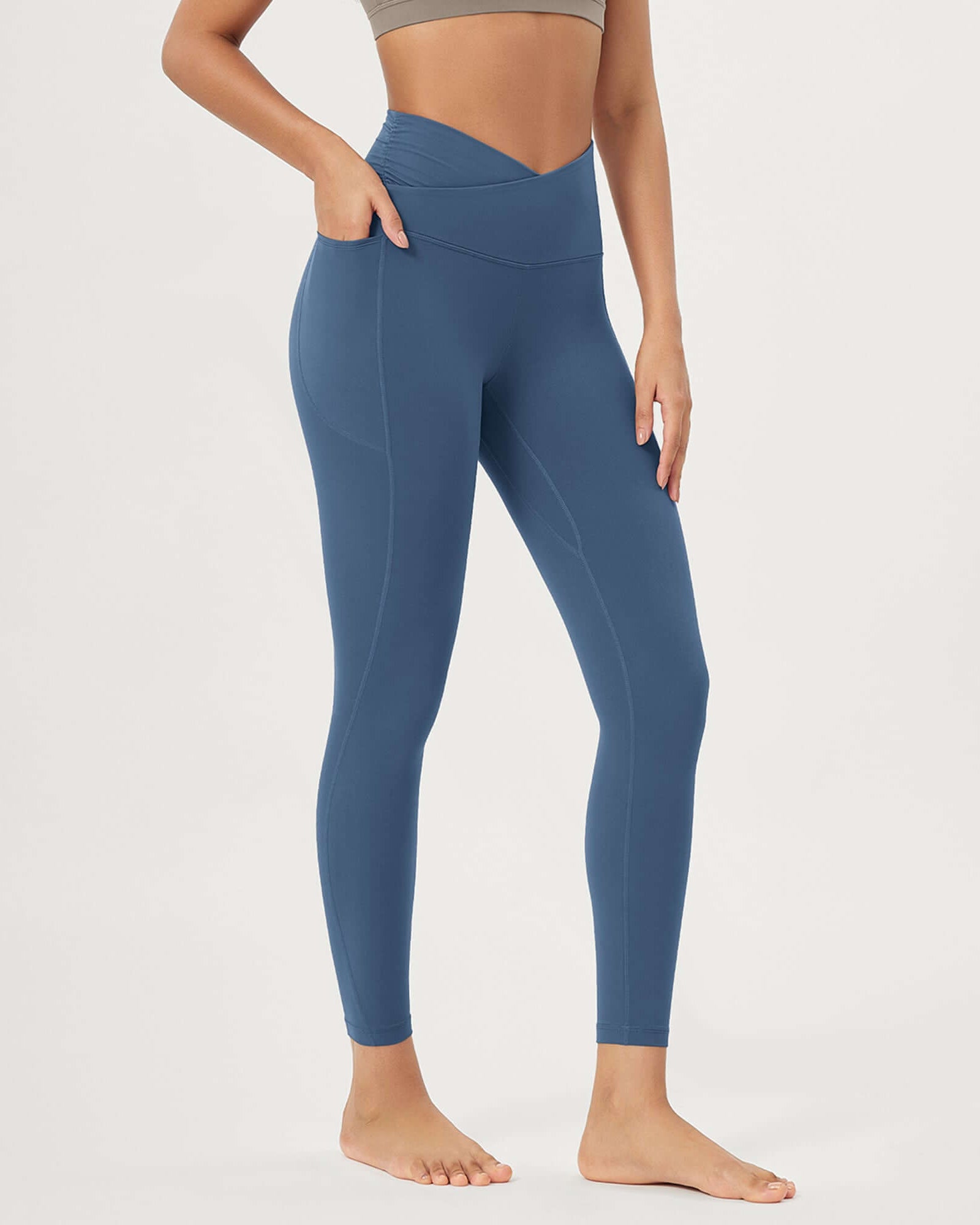 25 / 28 Gathered Crossover Lounge Yoga Leggings with Pockets 25 Inseam Ink Blue - ododos