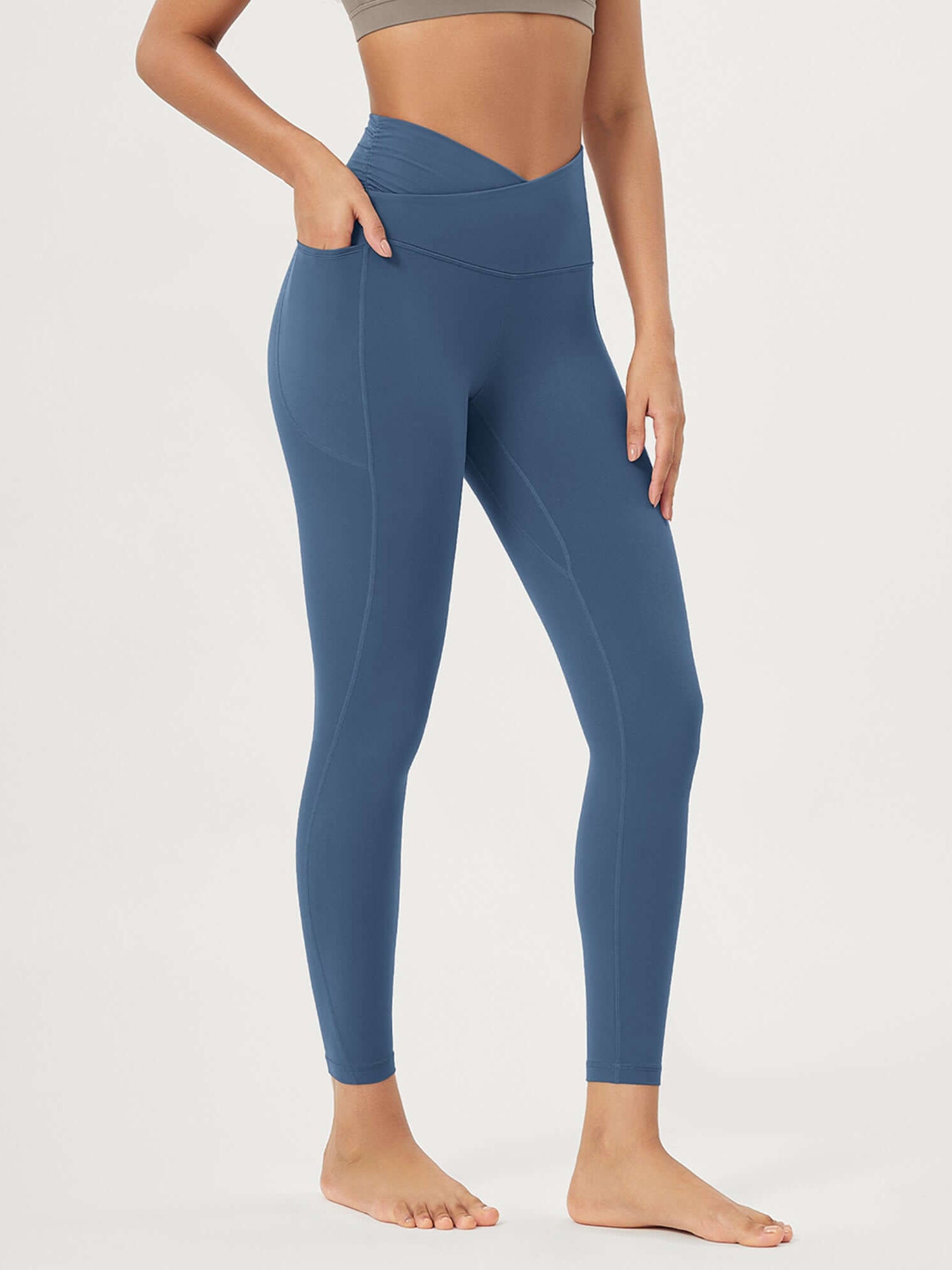 25 / 28 Gathered Crossover Lounge Yoga Leggings with Pockets 25 Inseam Ink Blue - ododos