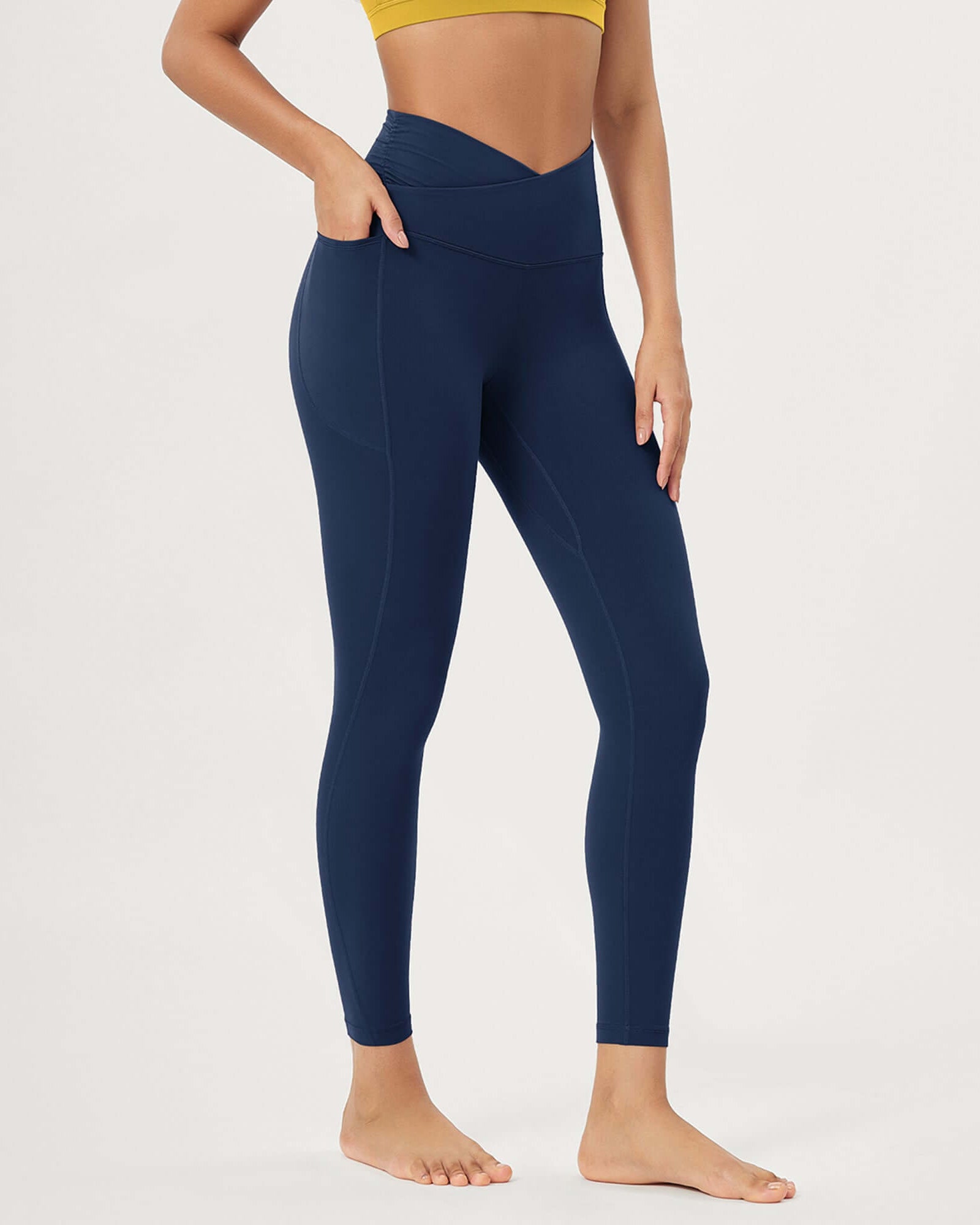 25 / 28 Gathered Crossover Lounge Yoga Leggings with Pockets 25 Inseam Navy - ododos