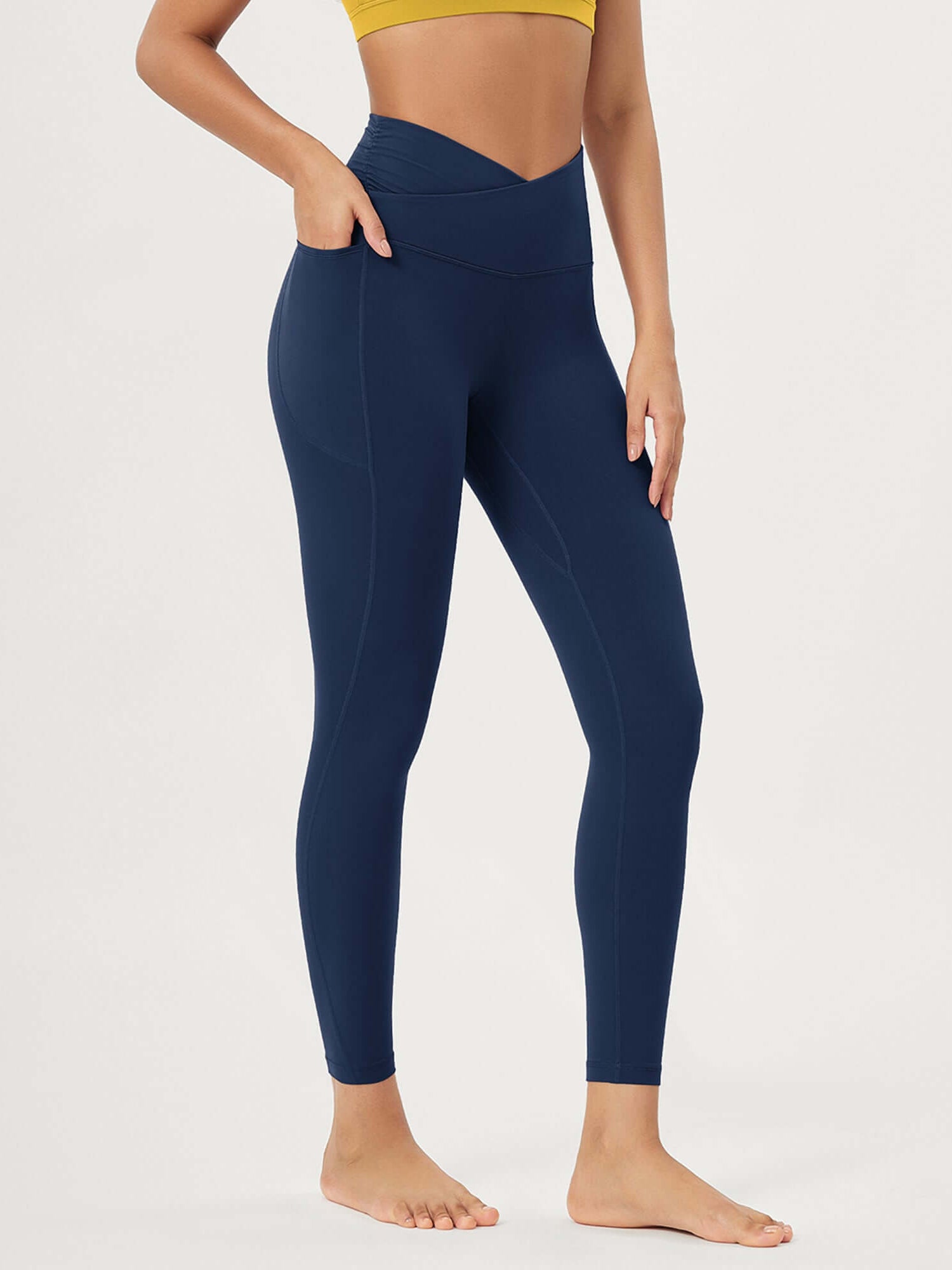 25 / 28 Gathered Crossover Lounge Yoga Leggings with Pockets 25 Inseam Navy - ododos