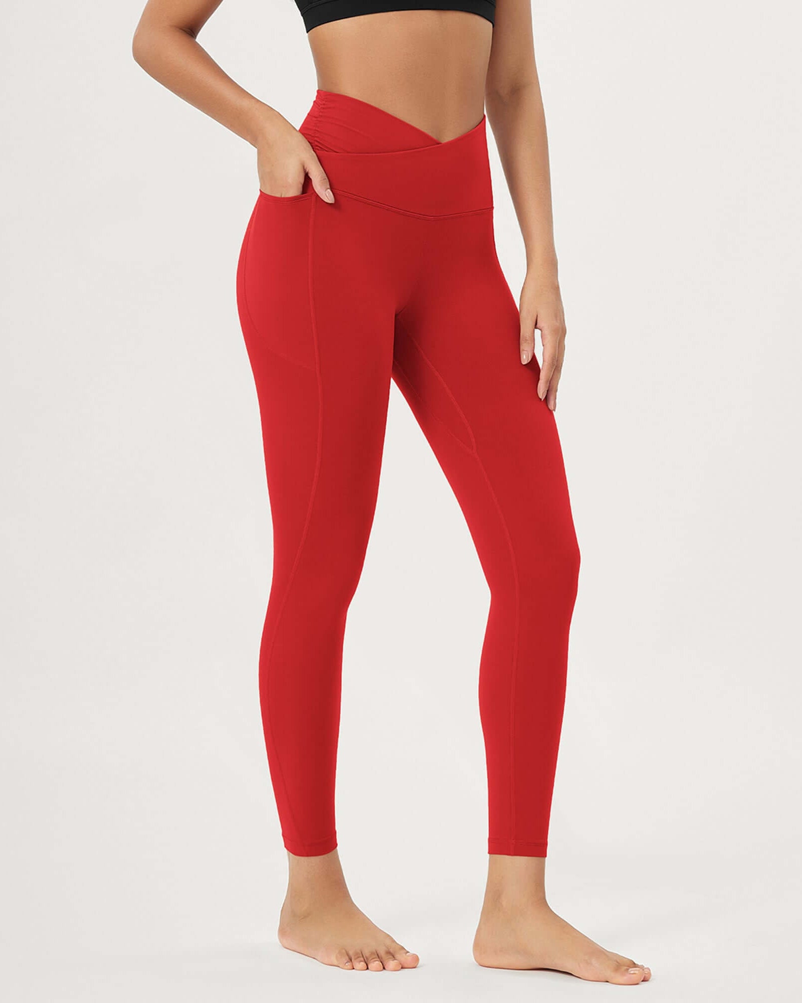 25 / 28 Gathered Crossover Lounge Yoga Leggings with Pockets 25 Inseam Red - ododos