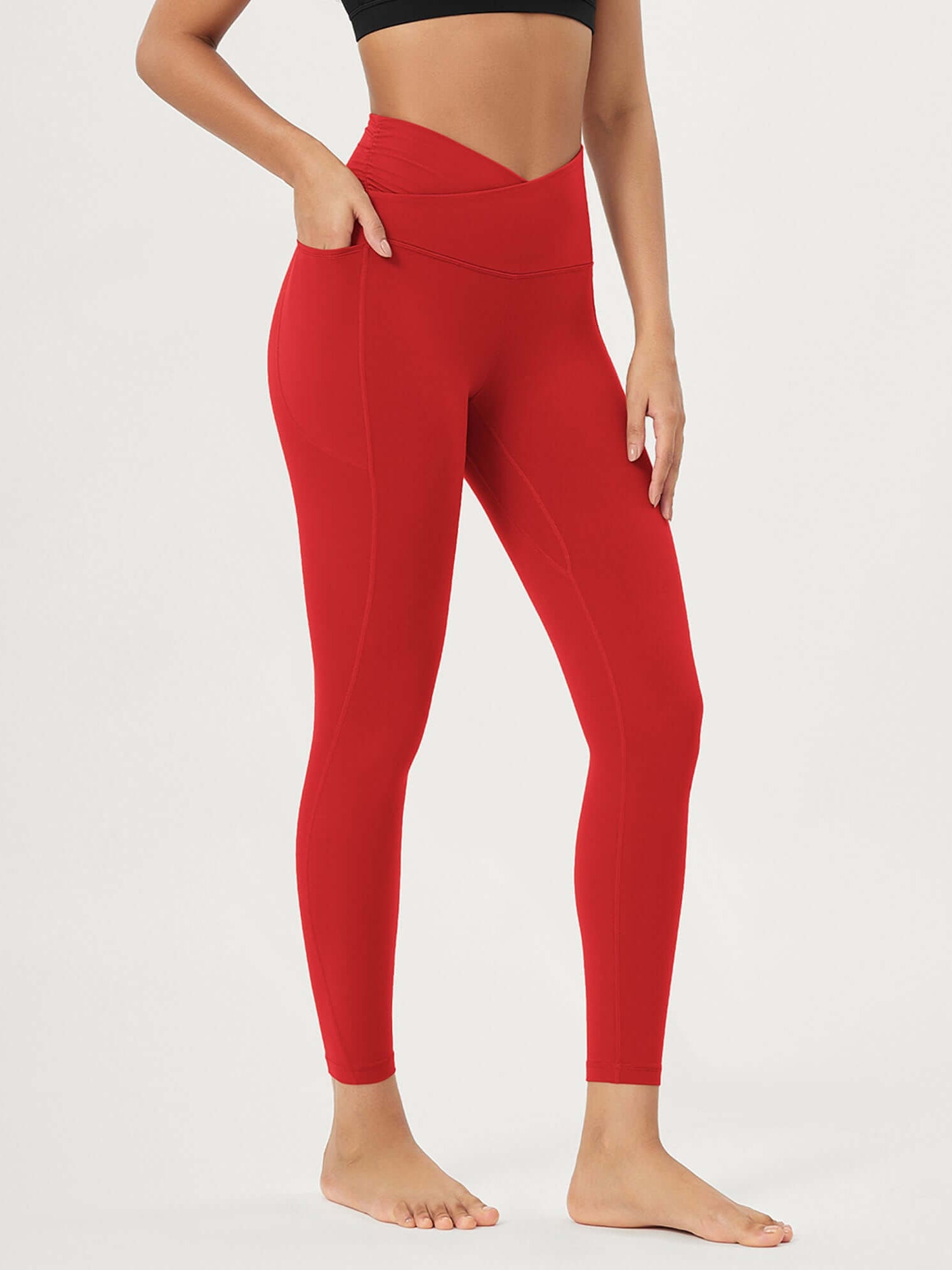 25 / 28 Gathered Crossover Lounge Yoga Leggings with Pockets 25 Inseam Red - ododos