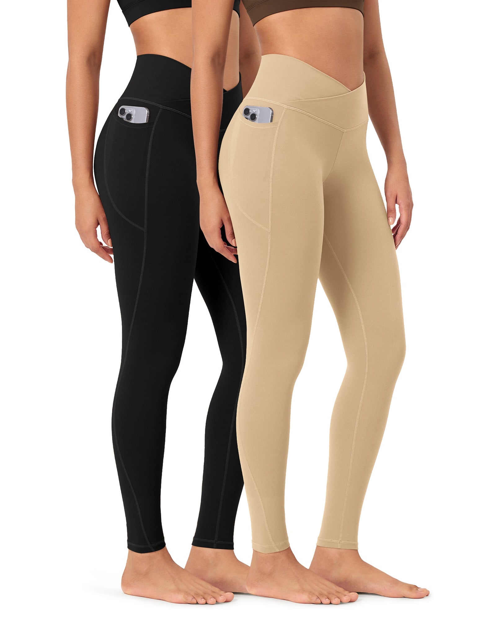 2-Pack 28 ODCLOUD Crossover Lounge Yoga Waist Leggings with Pockets Black+Beige - ododos