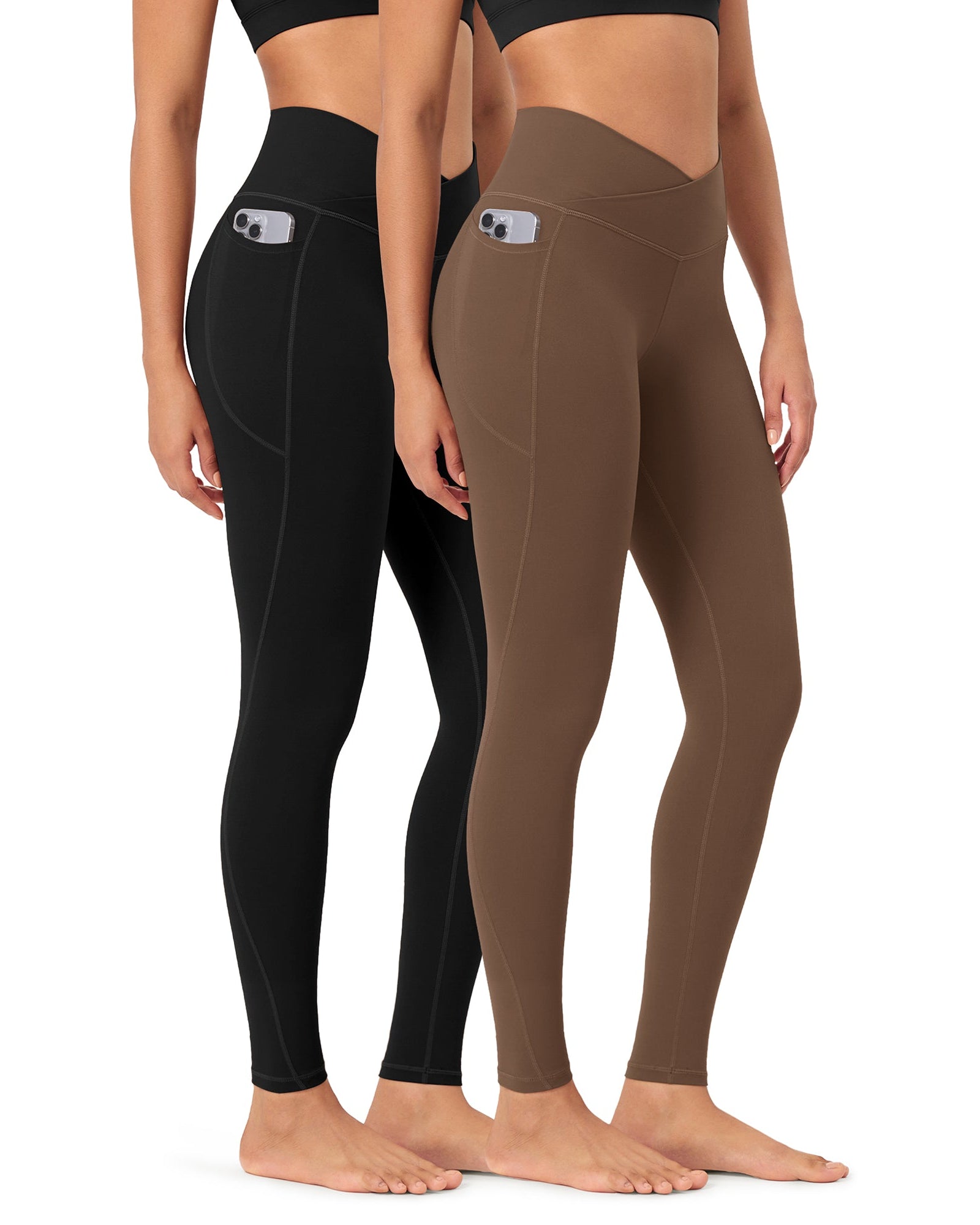 2-Pack 28 ODCLOUD Crossover Lounge Yoga Waist Leggings with Pockets Black+brunette - ododos