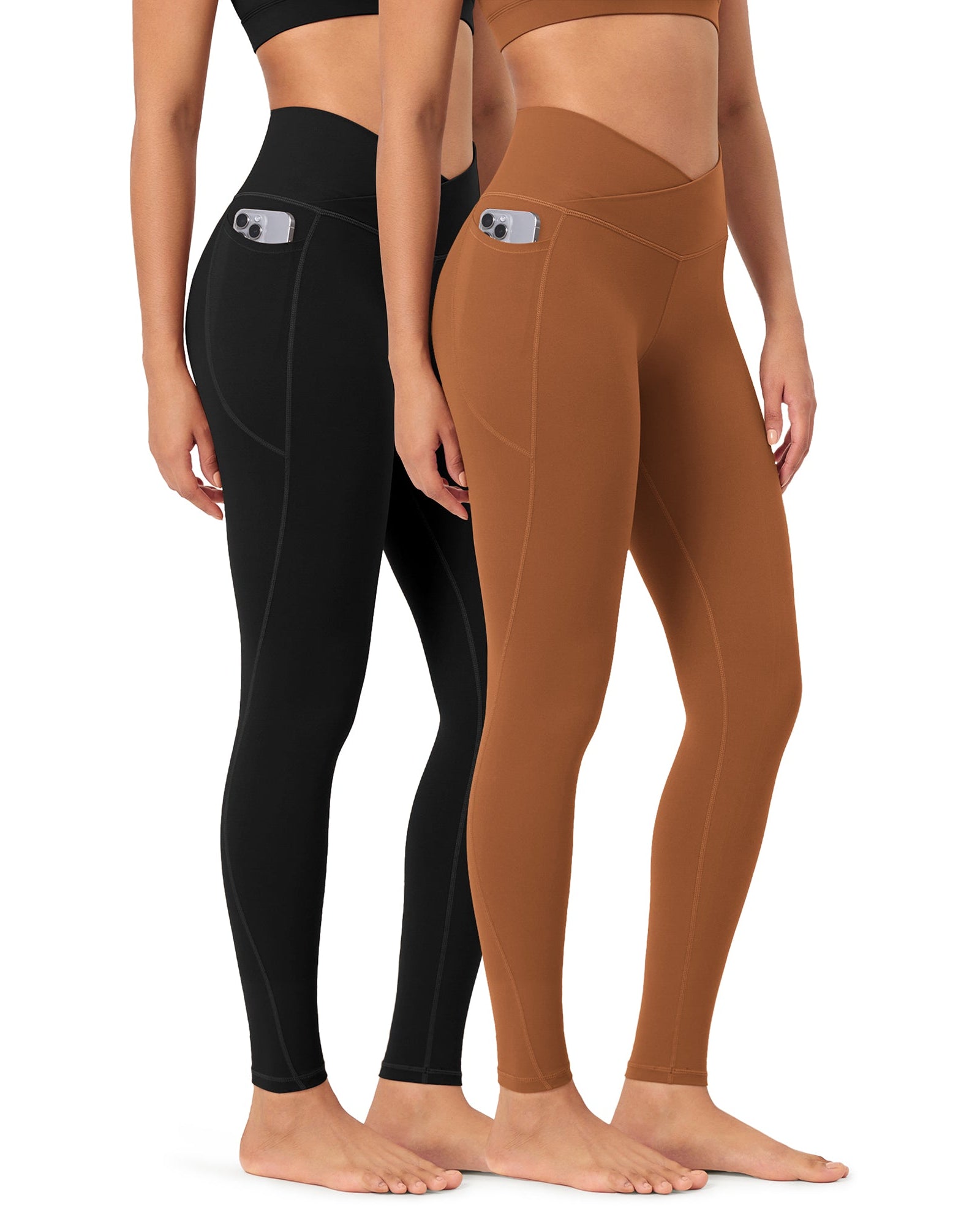 2-Pack 28 ODCLOUD Crossover Lounge Yoga Waist Leggings with Pockets Black+Caramel - ododos