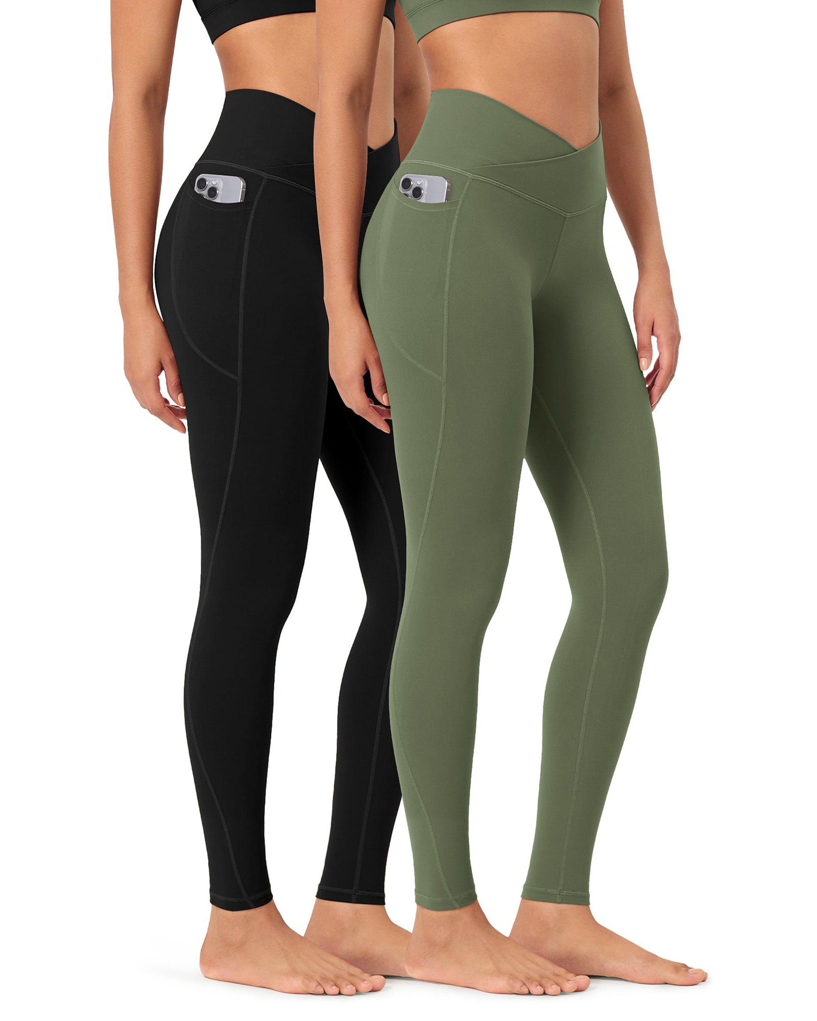 2-Pack 28 ODCLOUD Crossover Lounge Yoga Waist Leggings with Pockets Black+dark Olive - ododos