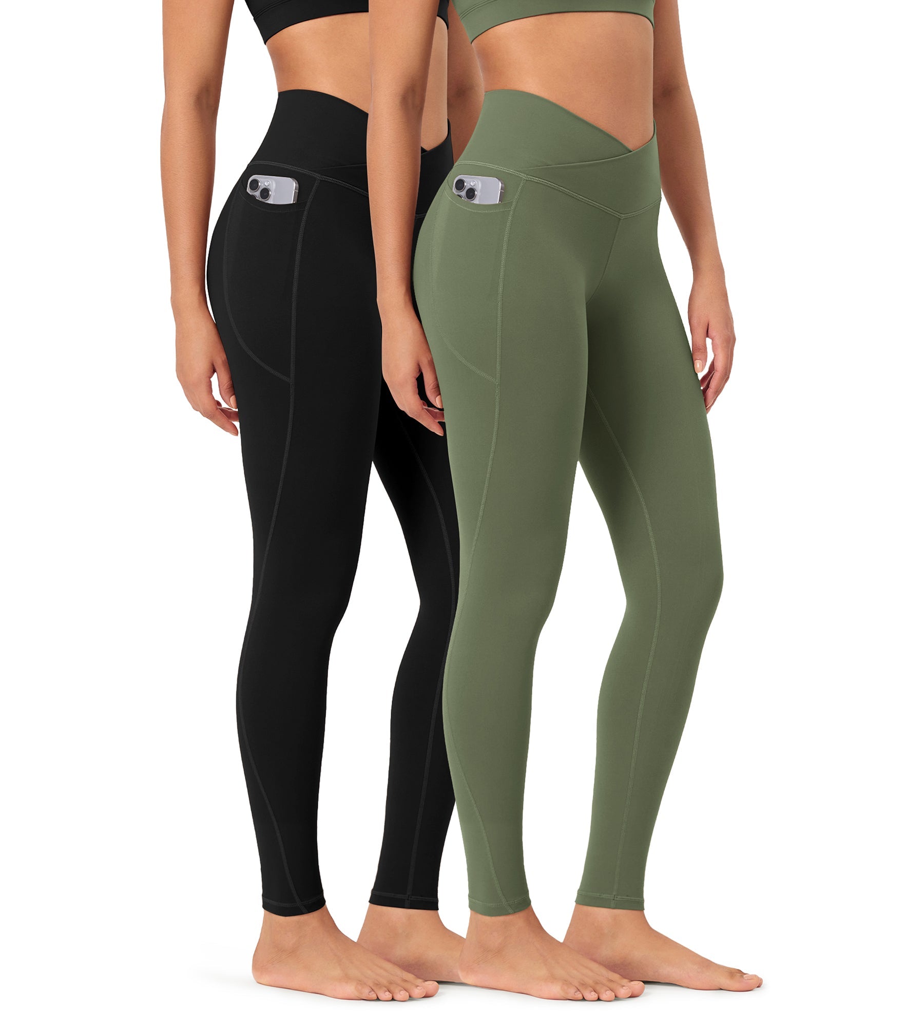 2-Pack 28 ODCLOUD Crossover Lounge Yoga Waist Leggings with Pockets Black+dark Olive - ododos
