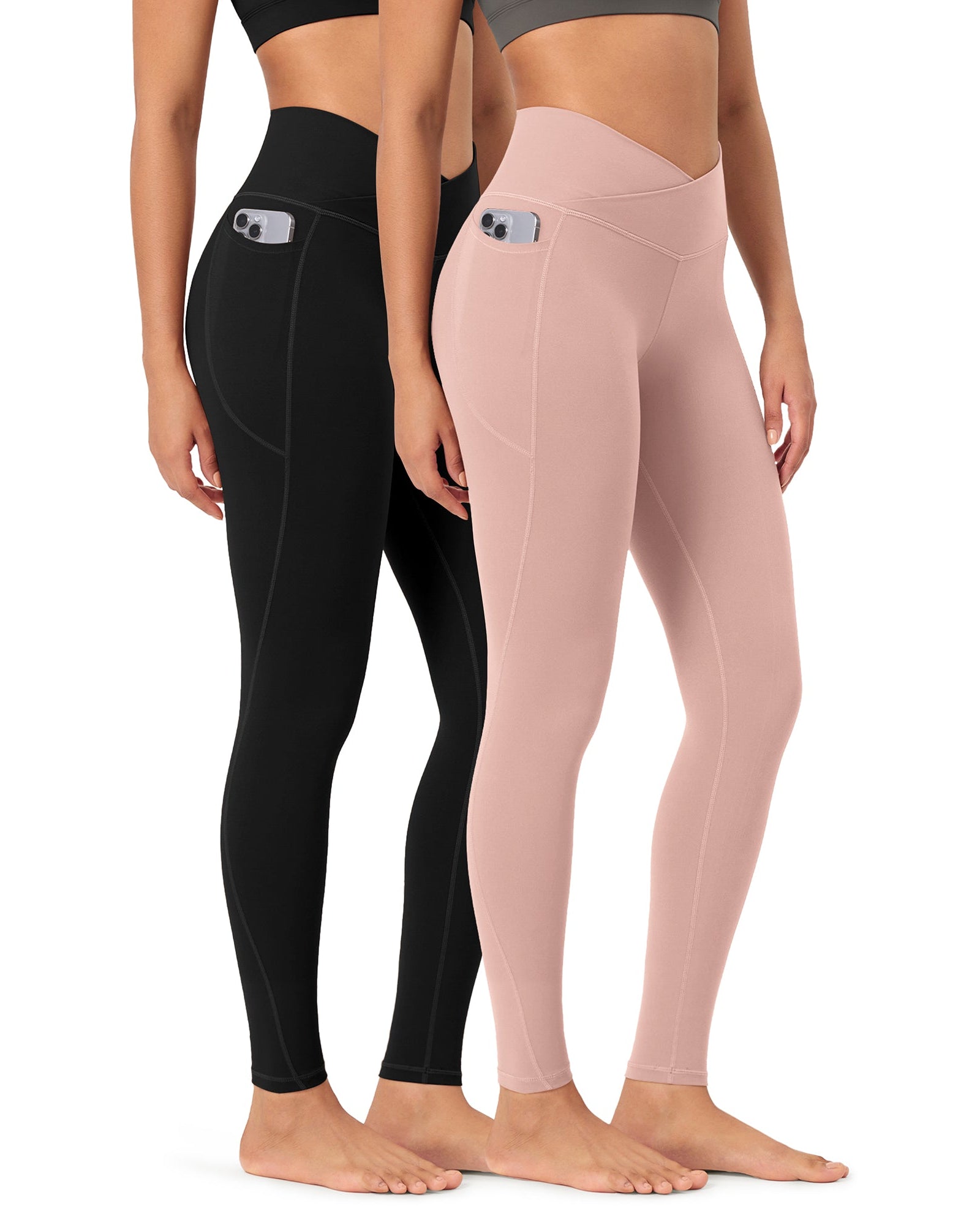 2-Pack 28 ODCLOUD Crossover Lounge Yoga Waist Leggings with Pockets Black+dusty Pink - ododos