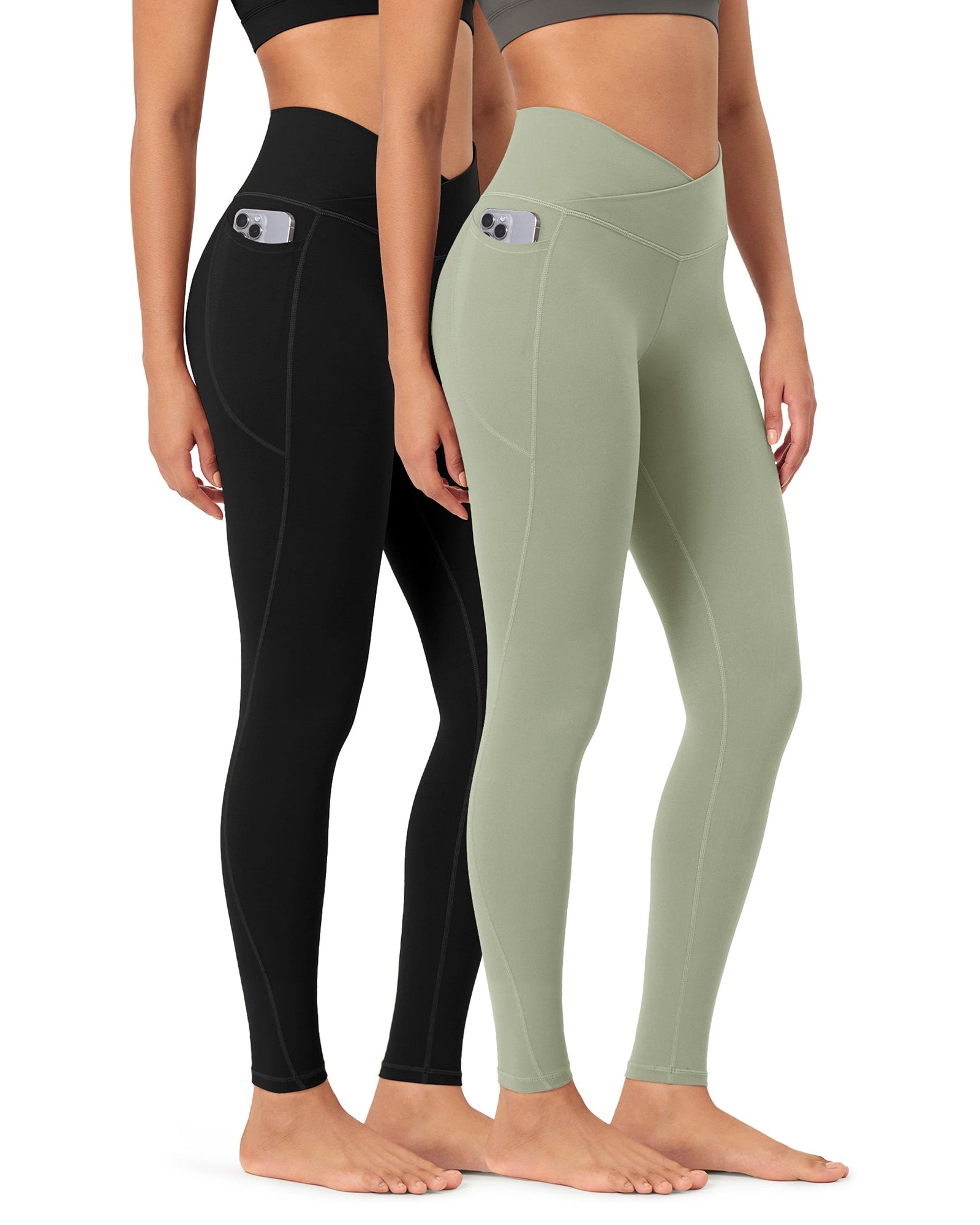 2-Pack 28 ODCLOUD Crossover Lounge Yoga Waist Leggings with Pockets Black+lime Stone - ododos