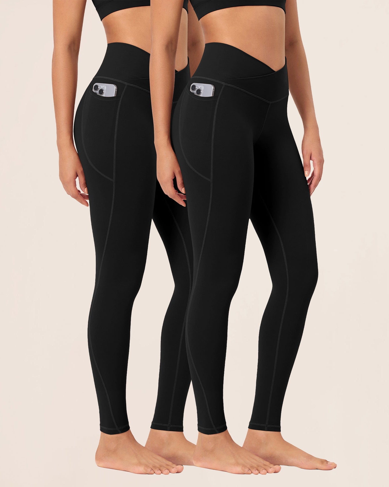 2-Pack 28 ODCLOUD Crossover Lounge Yoga Waist Leggings with Pockets Black+Black - ododos