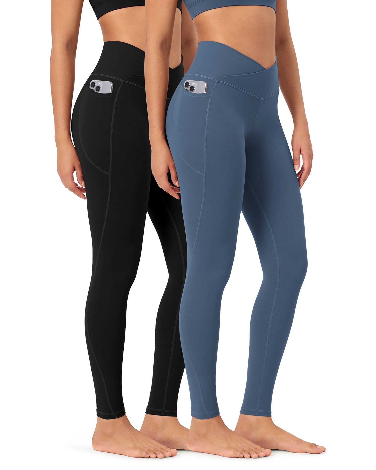 2-Pack 28 ODCLOUD Crossover Lounge Yoga Waist Leggings with Pockets Black+Ink Blue - ododos