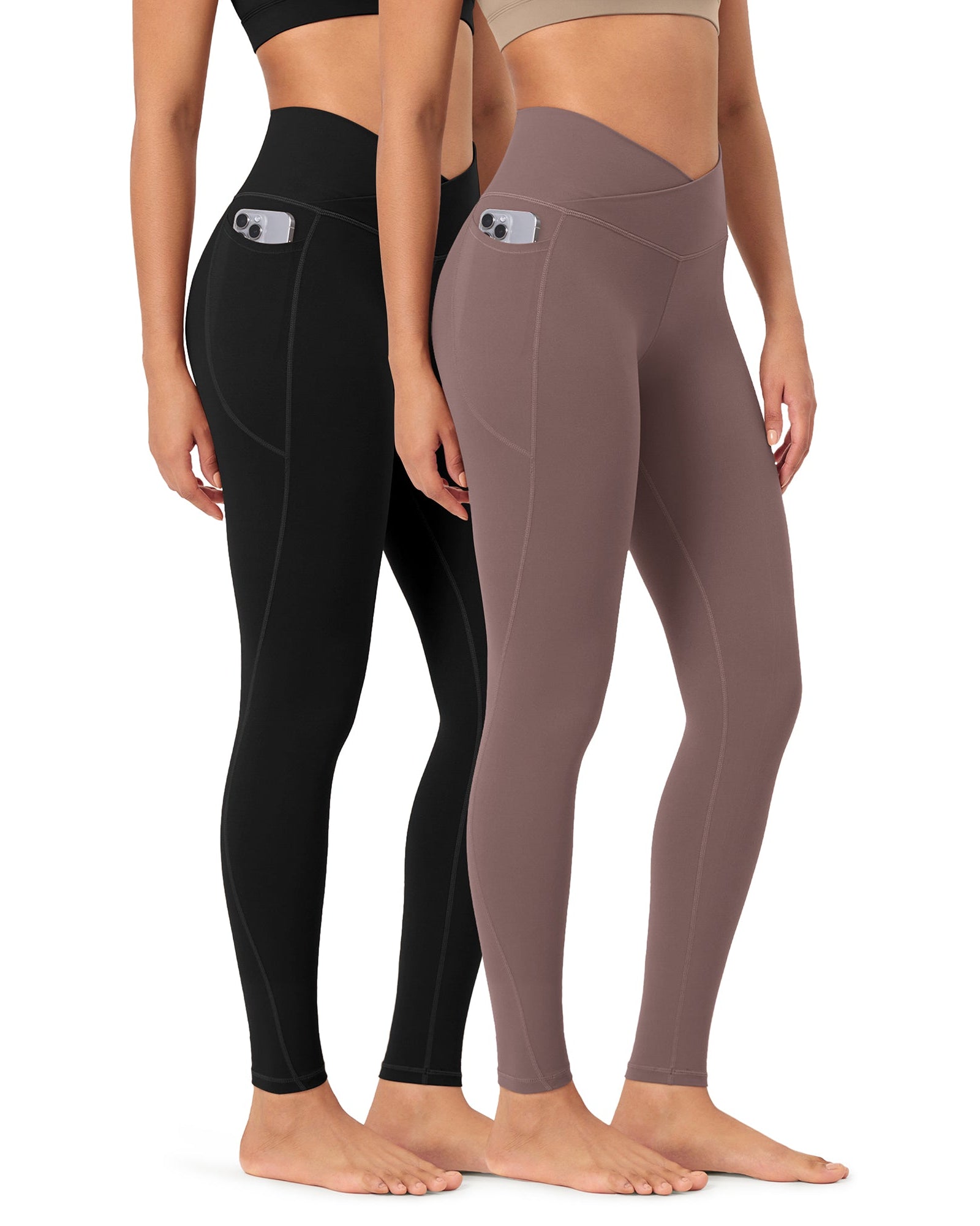 2-Pack 28 ODCLOUD Crossover Lounge Yoga Waist Leggings with Pockets Black+Purple Taupe - ododos
