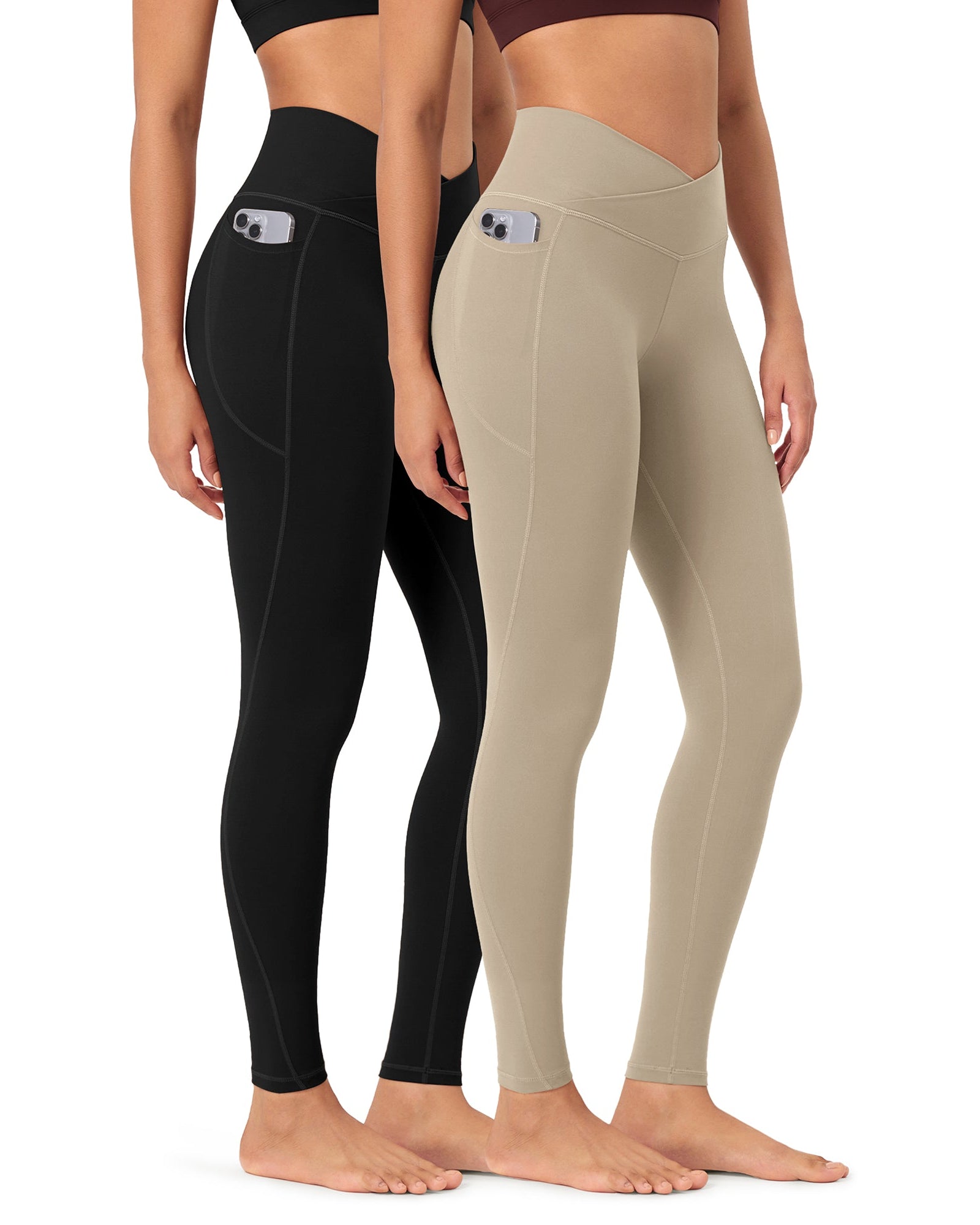 2-Pack 28 ODCLOUD Crossover Lounge Yoga Waist Leggings with Pockets Black+shaker Beige - ododos