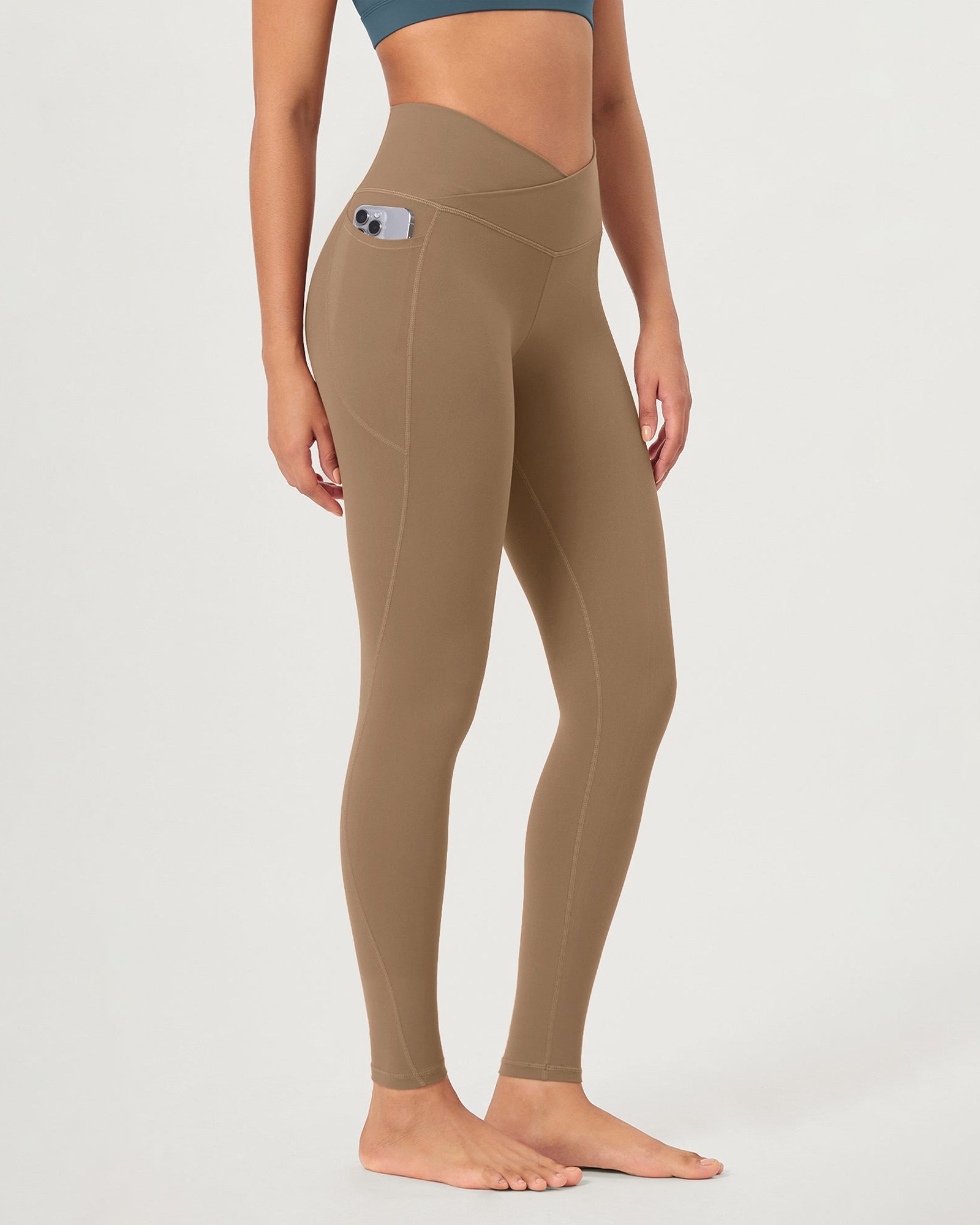 28 ODCLOUD Crossover Lounge Yoga Waist Leggings with Pockets Light Brown - ododos
