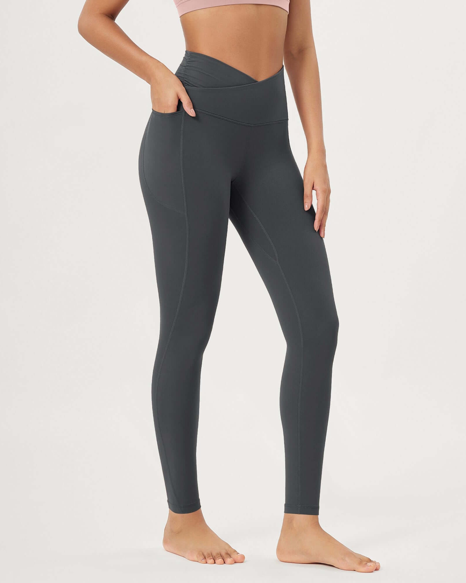 25 / 28 Gathered Crossover Lounge Yoga Leggings with Pockets 28 Inseam Charcoal - ododos