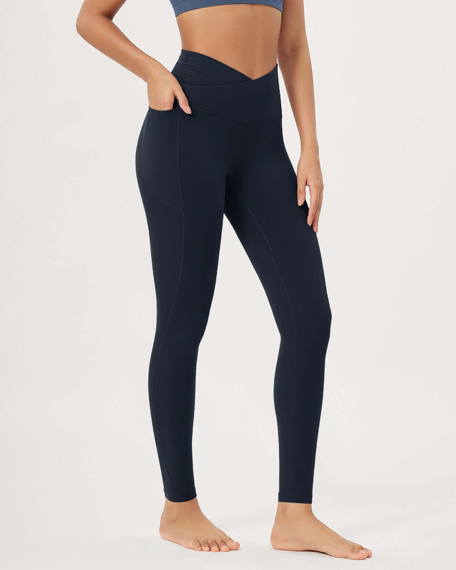 25 / 28 Gathered Crossover Lounge Yoga Leggings with Pockets 28 Inseam Deep Navy - ododos