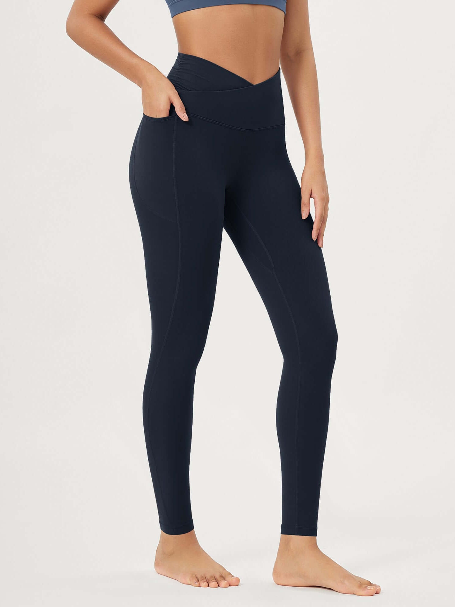 25 / 28 Gathered Crossover Lounge Yoga Leggings with Pockets 28 Inseam Deep Navy - ododos