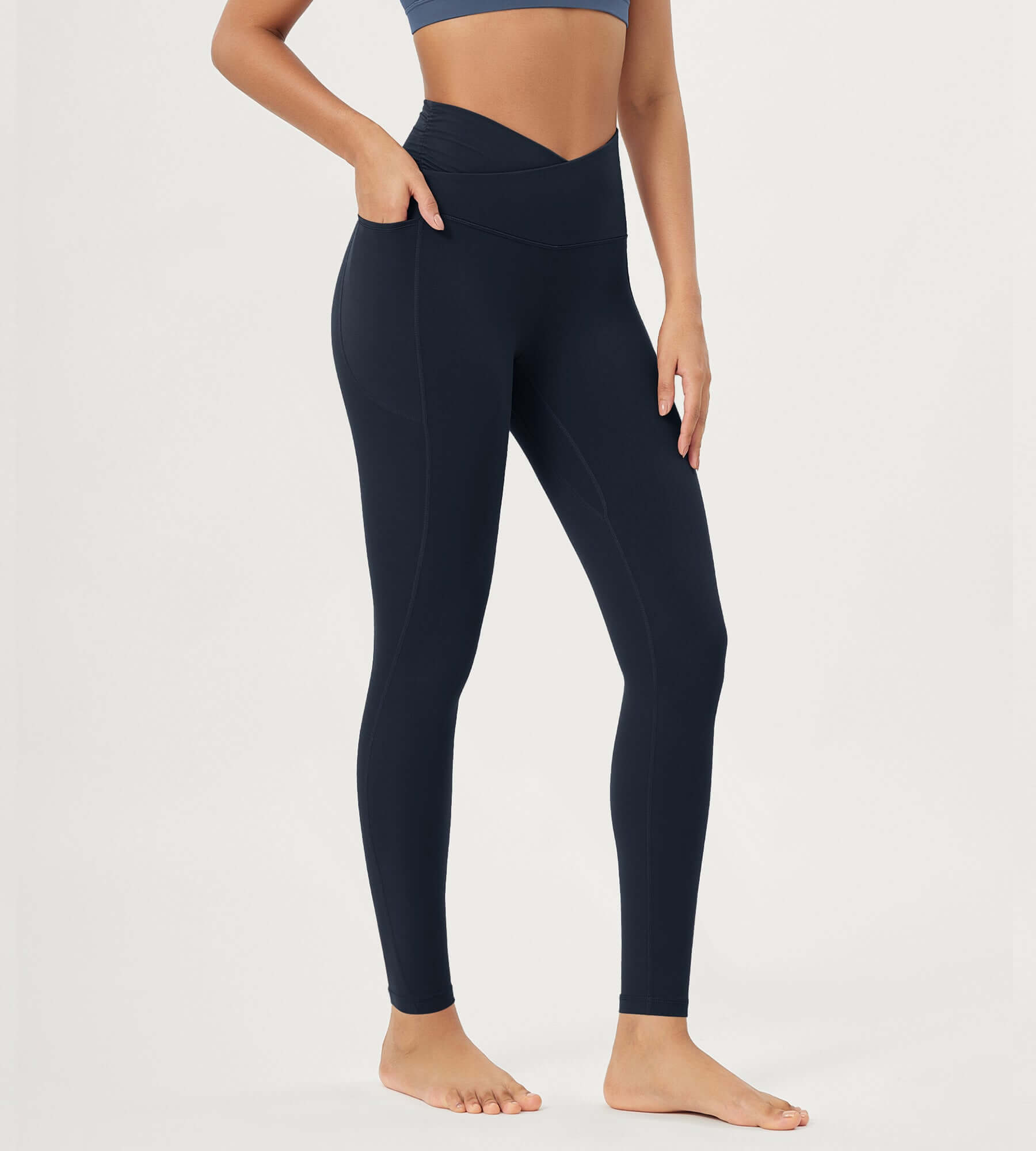 25 / 28 Gathered Crossover Lounge Yoga Leggings with Pockets 28 Inseam Deep Navy - ododos