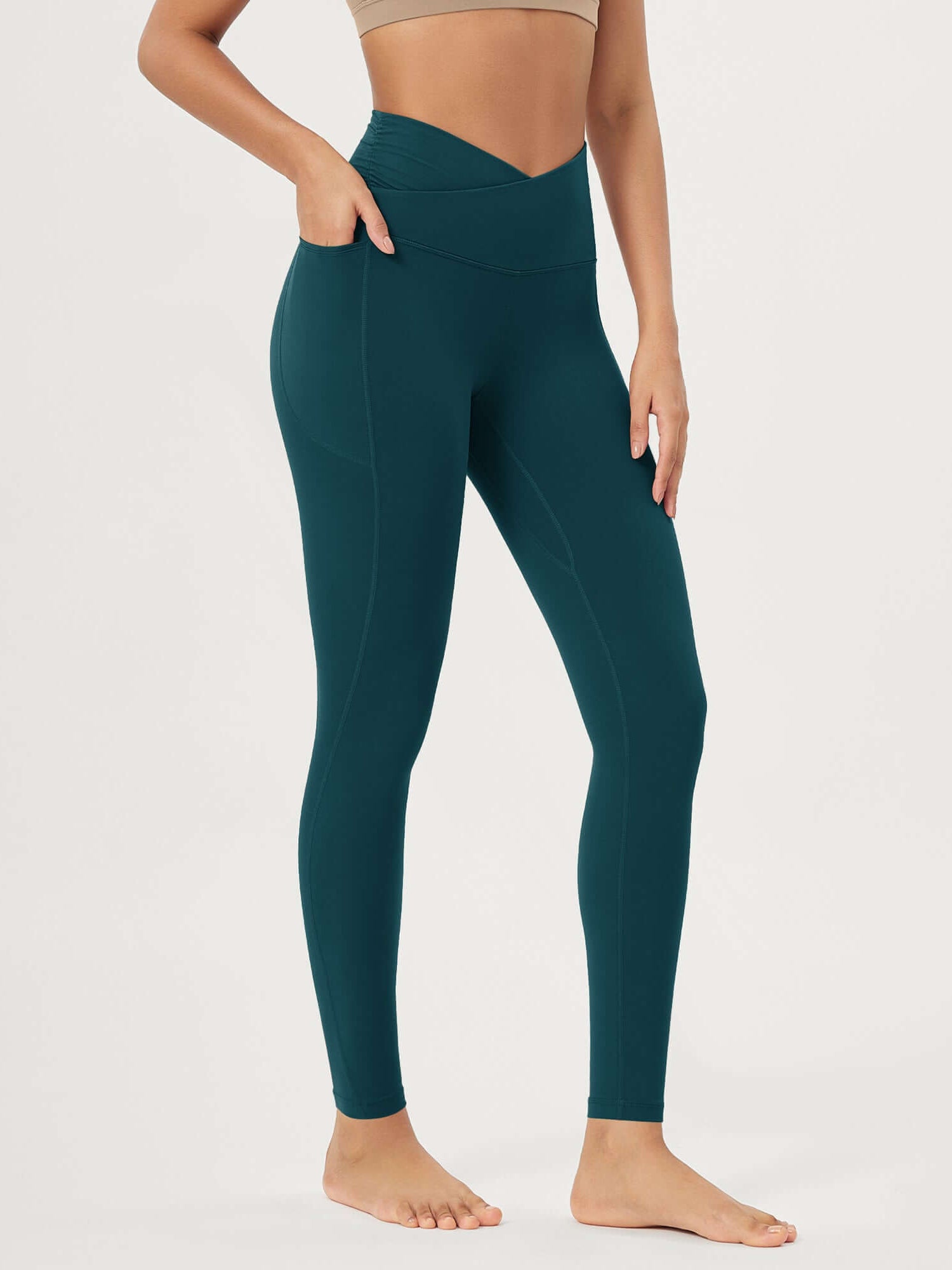 25 / 28 Gathered Crossover Lounge Yoga Leggings with Pockets 28 Inseam Forest Teal - ododos
