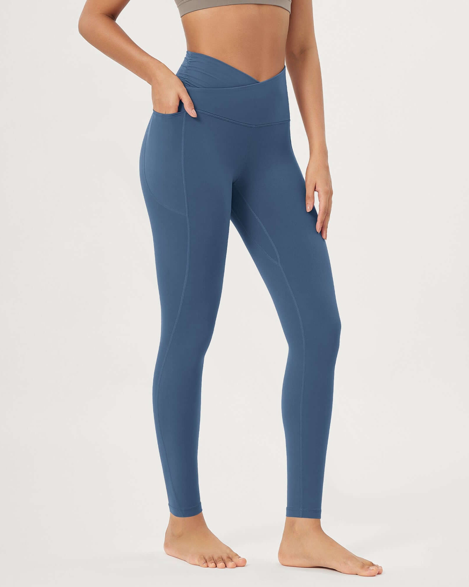 25 / 28 Gathered Crossover Lounge Yoga Leggings with Pockets 28 Inseam Ink Blue - ododos