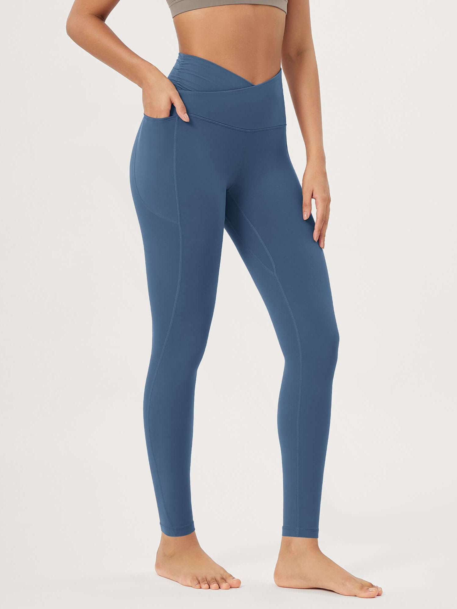 25 / 28 Gathered Crossover Lounge Yoga Leggings with Pockets 28 Inseam Ink Blue - ododos