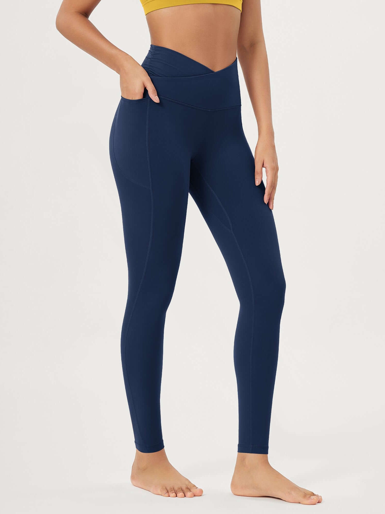 25 / 28 Gathered Crossover Lounge Yoga Leggings with Pockets 28 Inseam Navy - ododos
