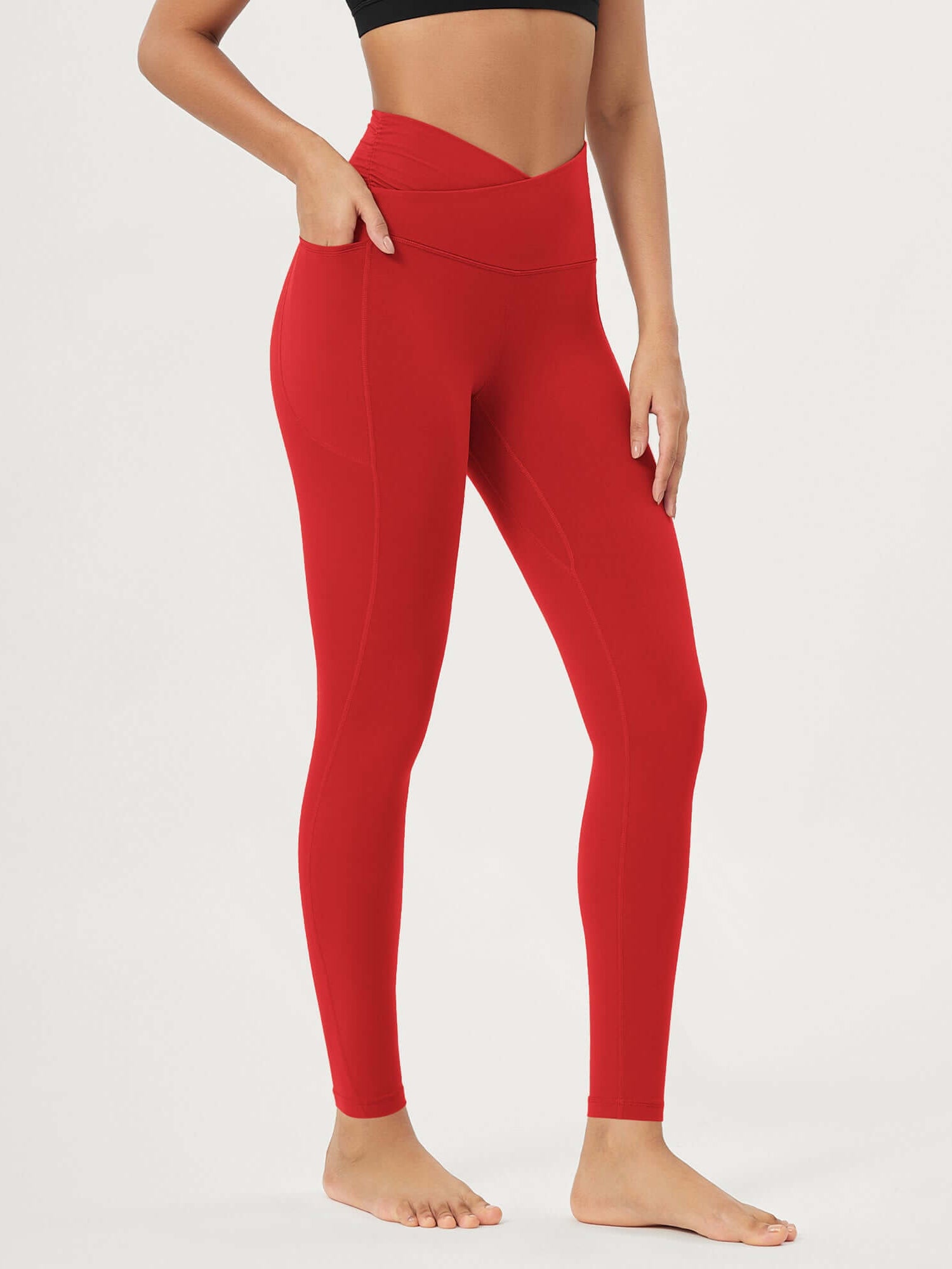 25 / 28 Gathered Crossover Lounge Yoga Leggings with Pockets 28 Inseam Red - ododos