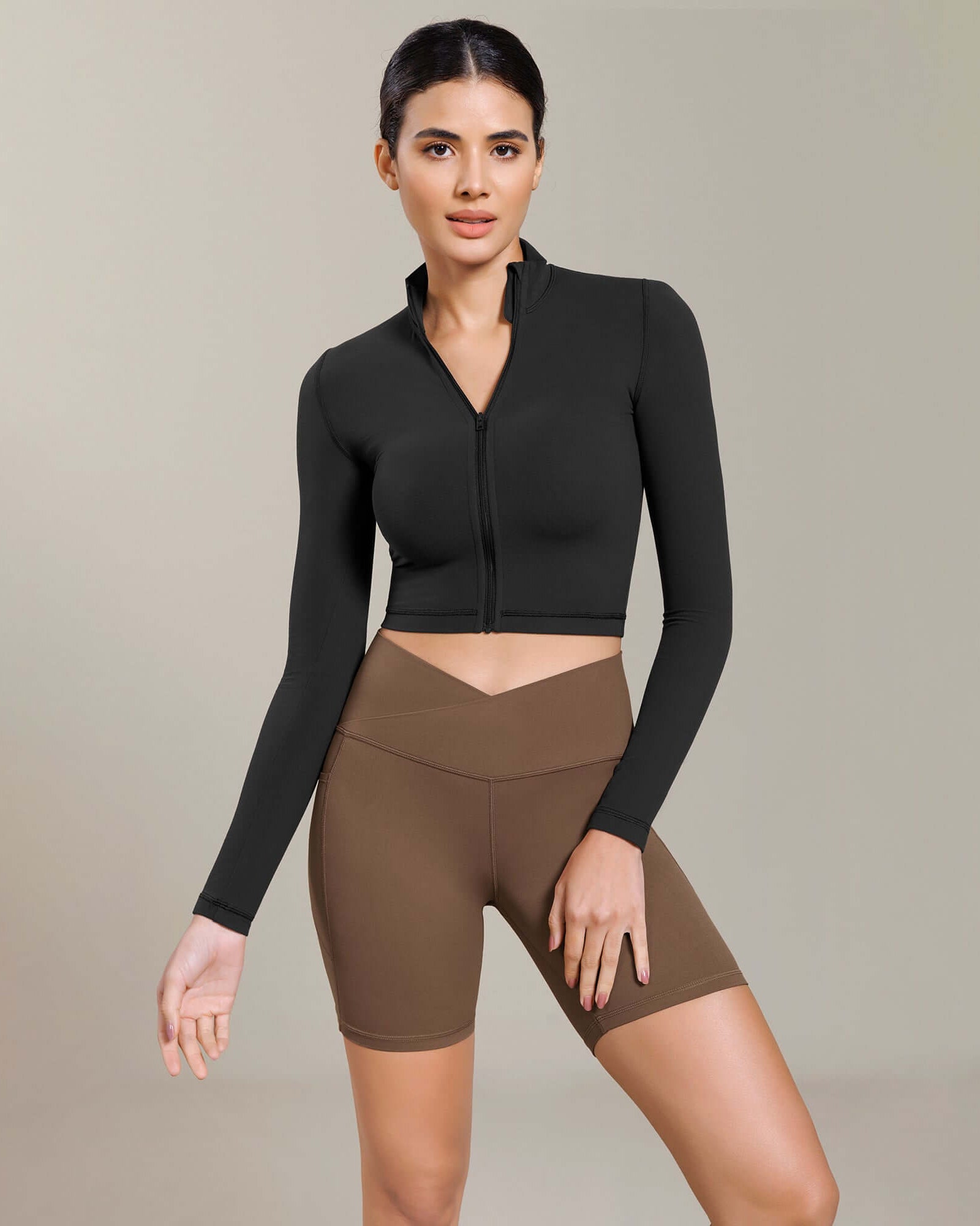 Cloud Feeling Cross Waist Yoga Shorts with Pockets Brunette - ododos