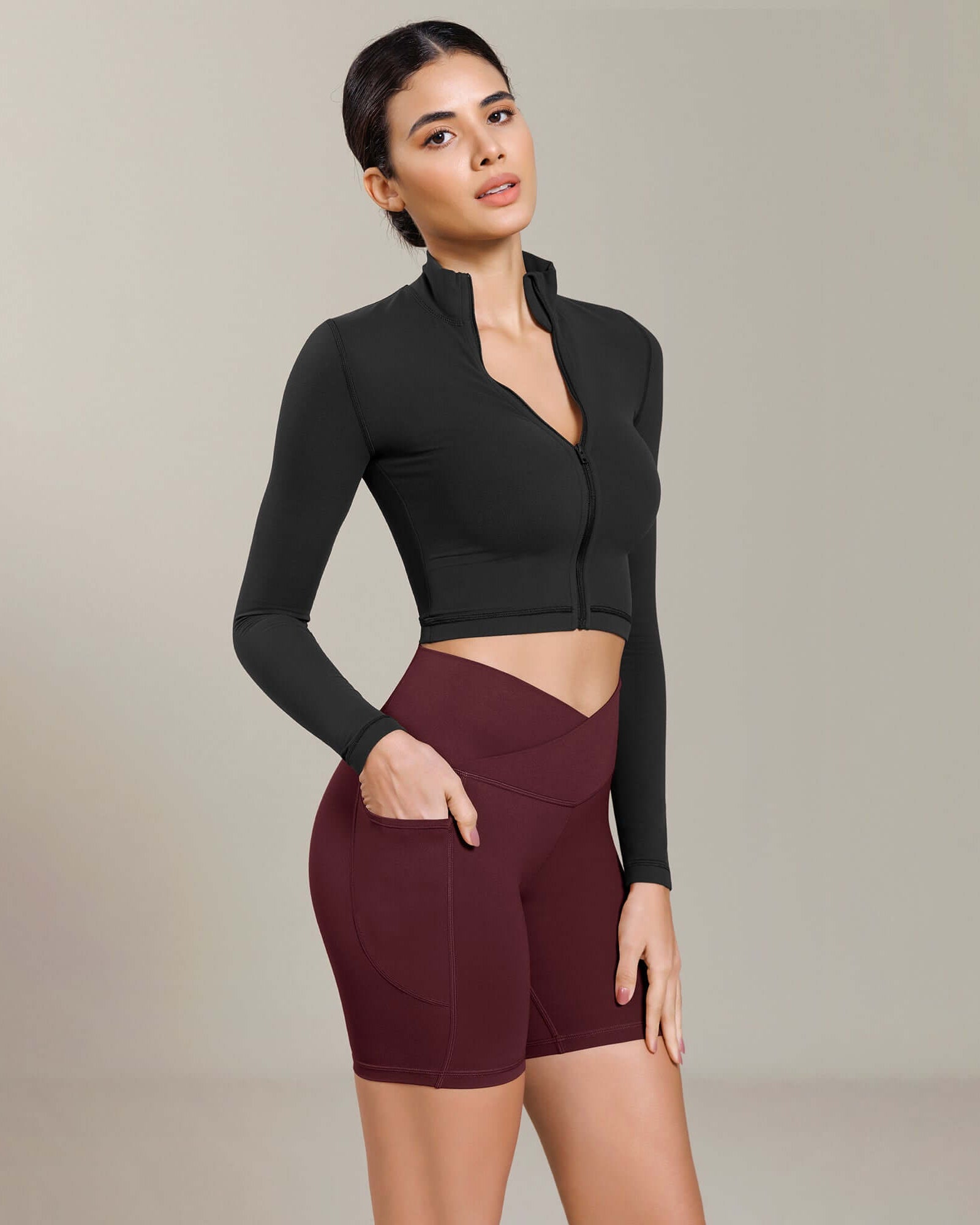 Cloud Feeling Cross Waist Yoga Shorts with Pockets Burgundy - ododos