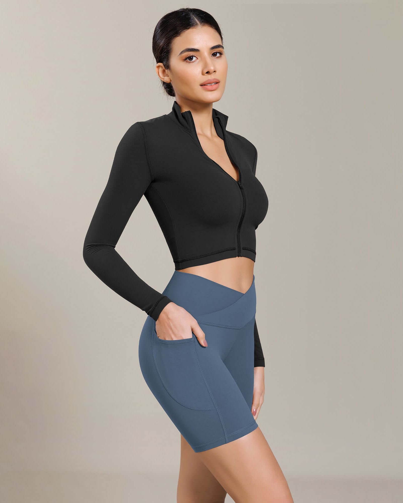 Cloud Feeling Cross Waist Yoga Shorts with Pockets Ink Blue - ododos