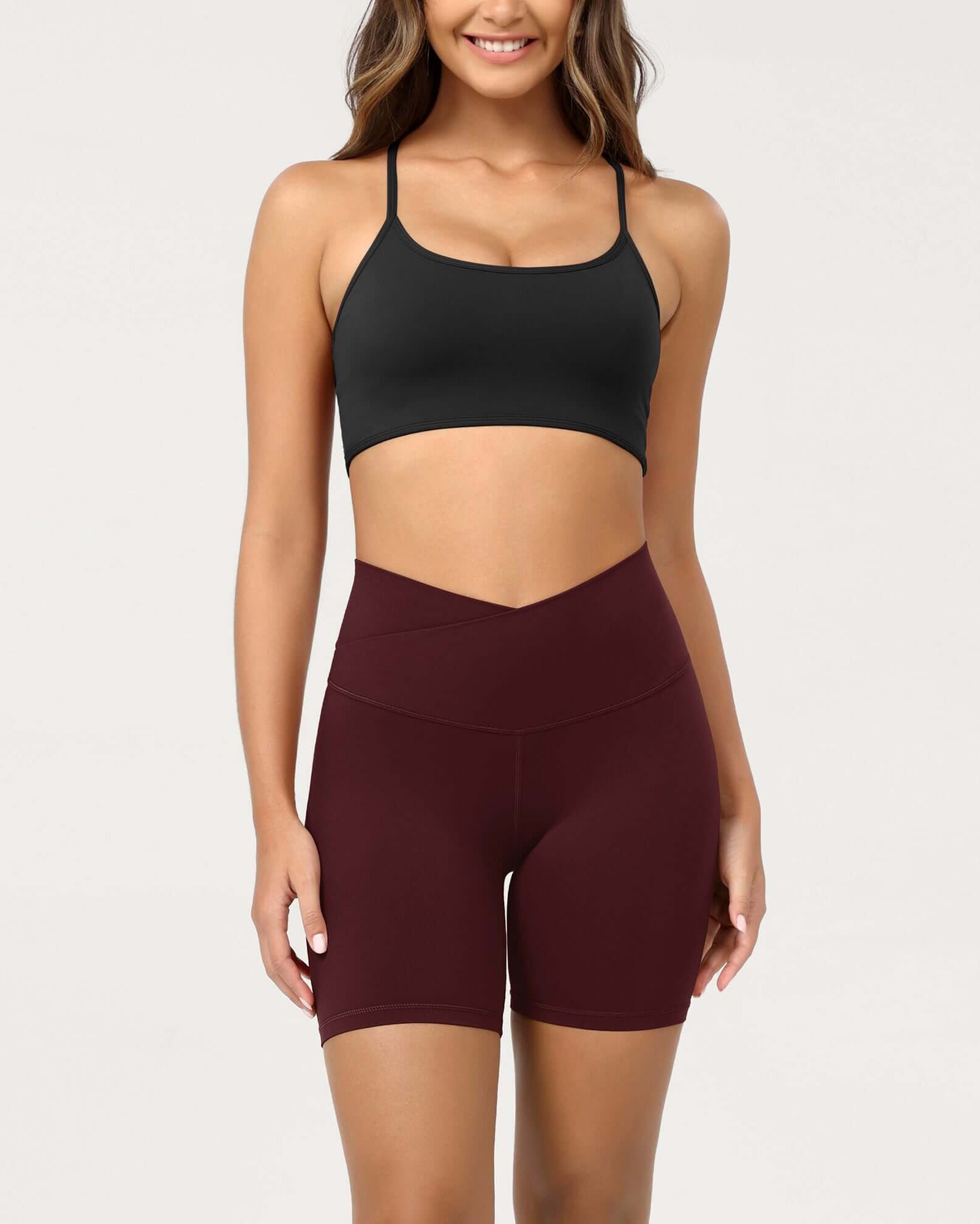 Cloud Feeling 6 Crossover Yoga Shorts Burgundy - ododos