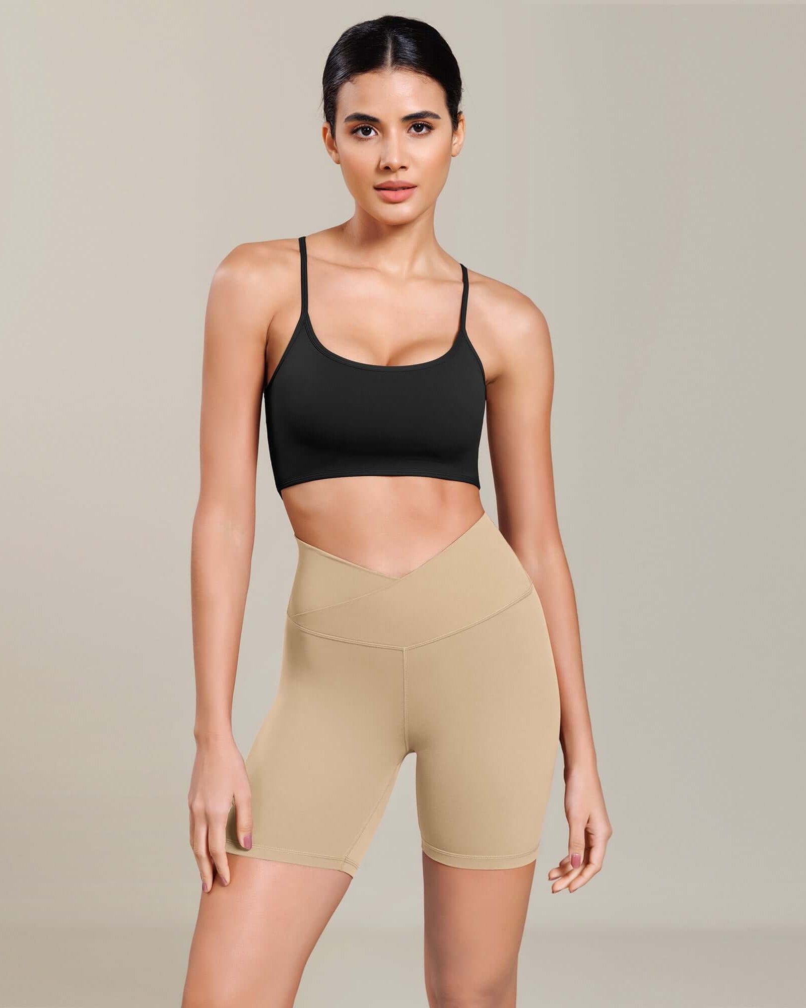 Cloud Feeling 6 Cross Waist Yoga Lounge Shorts Beige - ododos