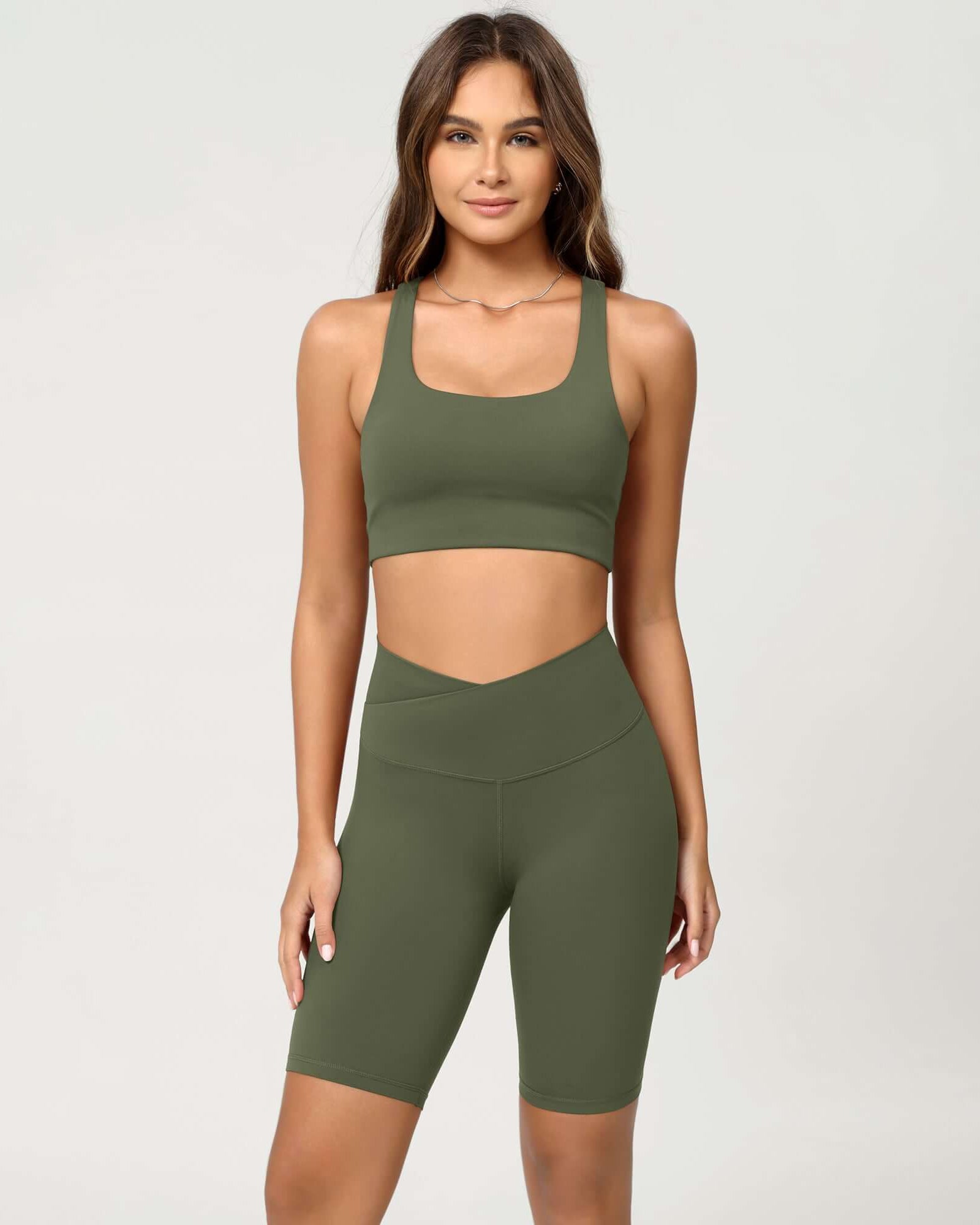 Cloud Feeling 8 Crossover Yoga Shorts Dark Olive - ododos