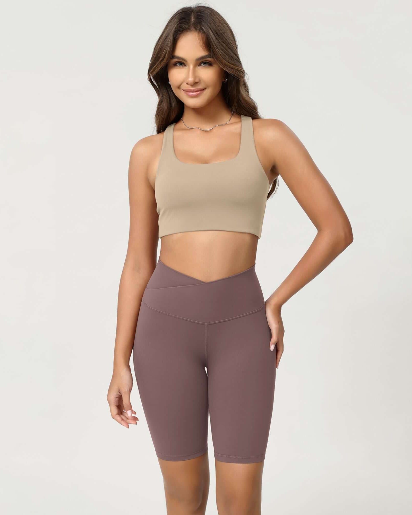 Cloud Feeling 8 Crossover Yoga Shorts Purple Taupe - ododos