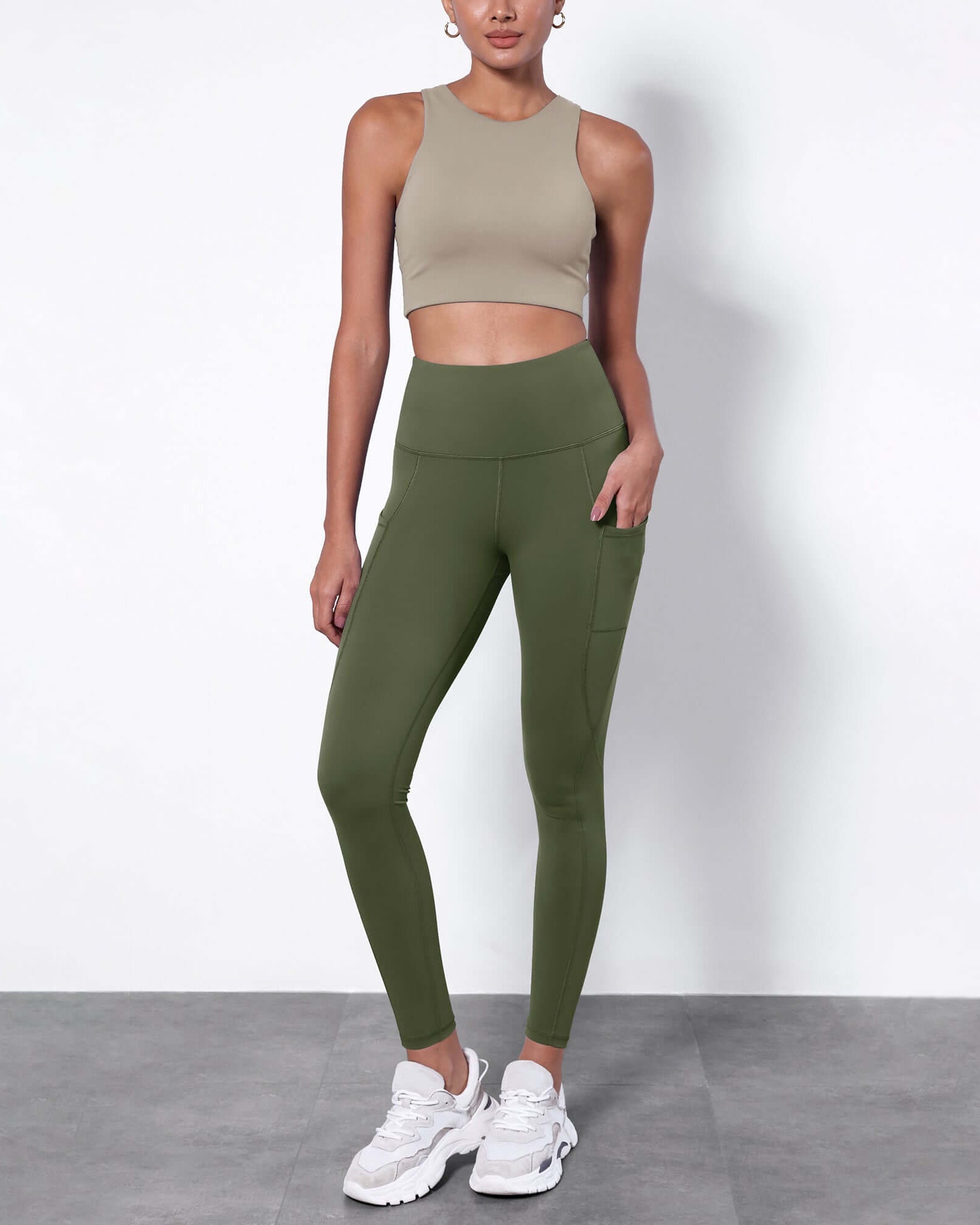 7/8 Fleece Lined Leggings with Pockets Dark Olive - ododos