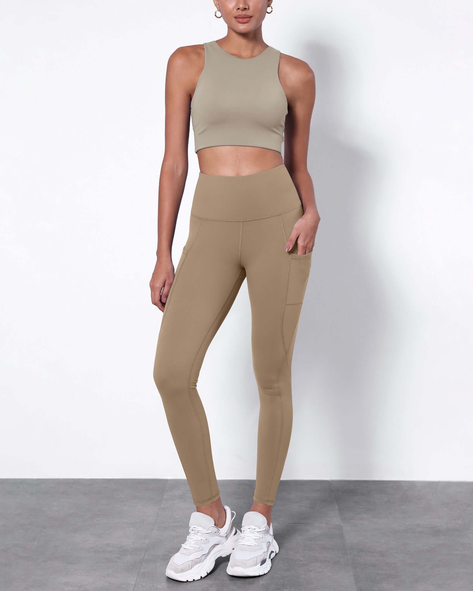 7/8 Fleece Lined Leggings with Pockets Light Brown - ododos