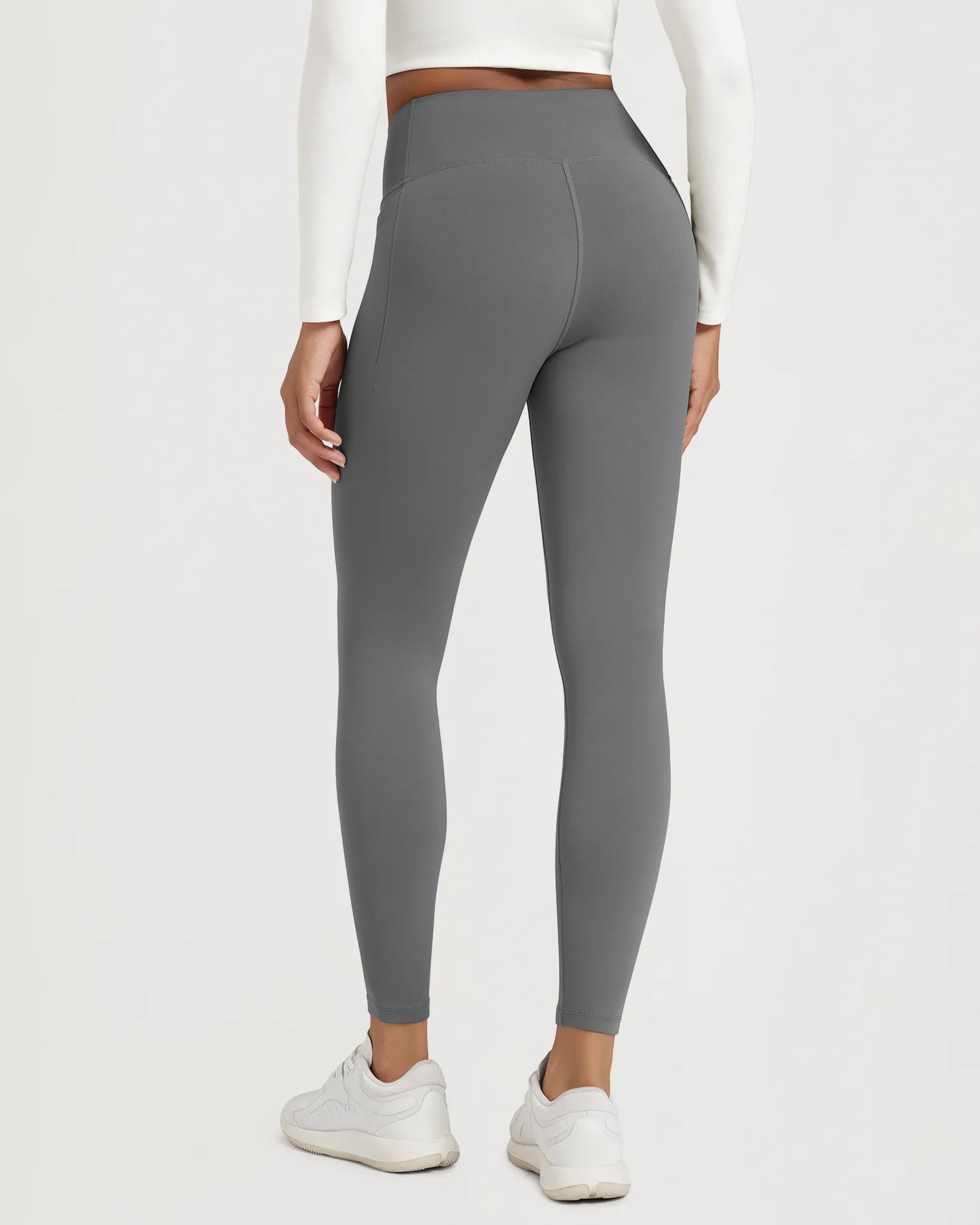 25" Fleece Lined Leggings with Pockets showcased from the back in grey, highlighting comfort and style.