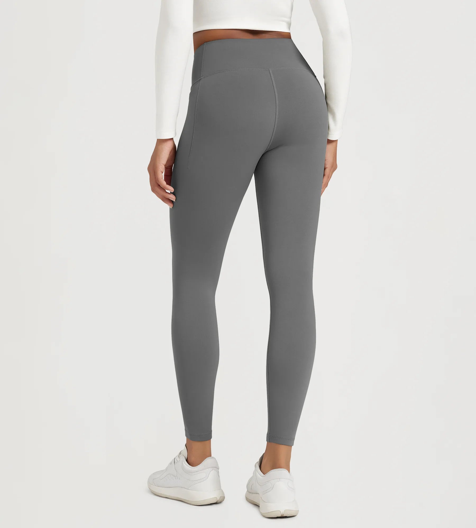 25" Fleece Lined Leggings with Pockets showcased from the back in grey, highlighting comfort and style.