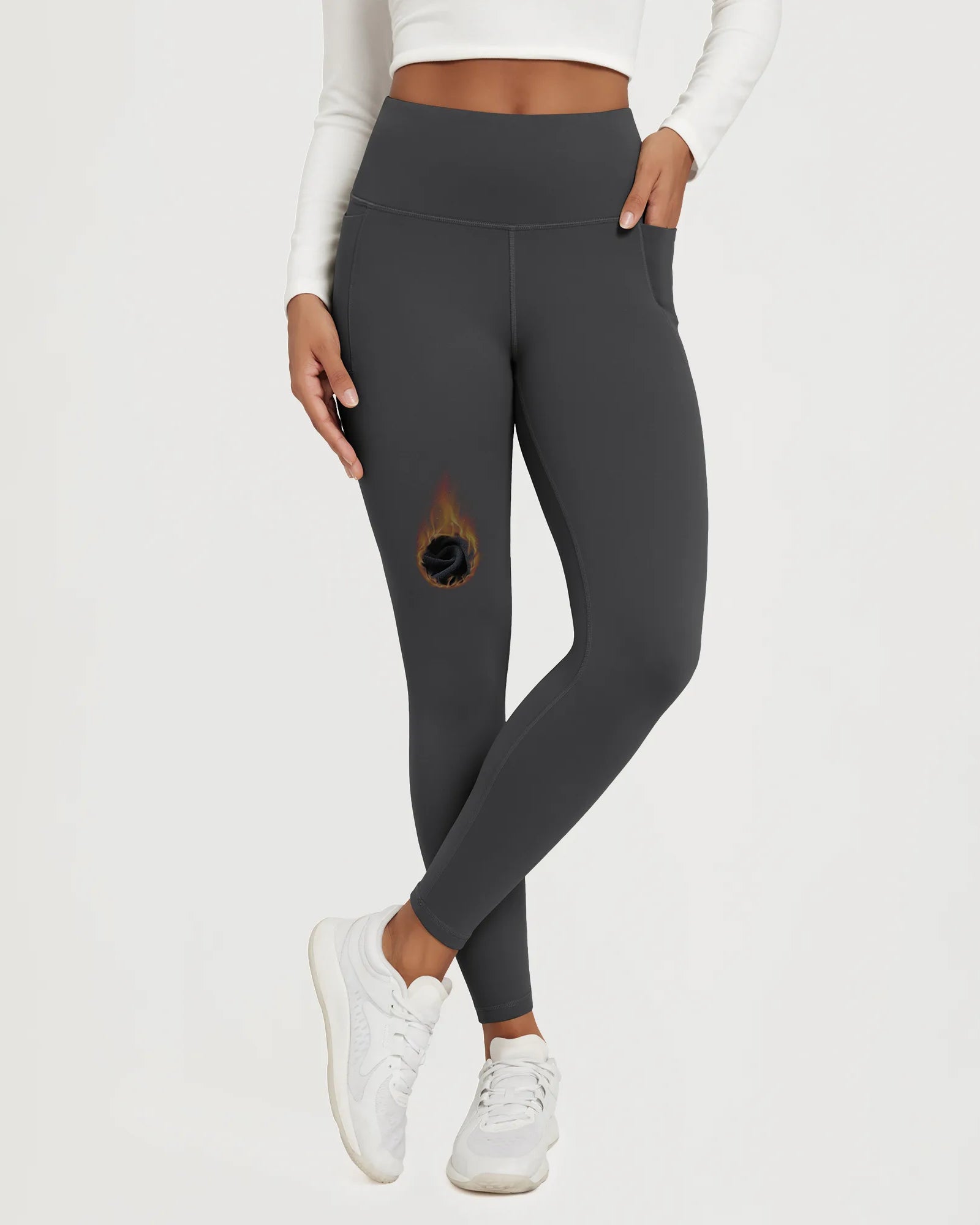 25" Fleece Lined Leggings with Pockets showcased in grey with a unique design feature.