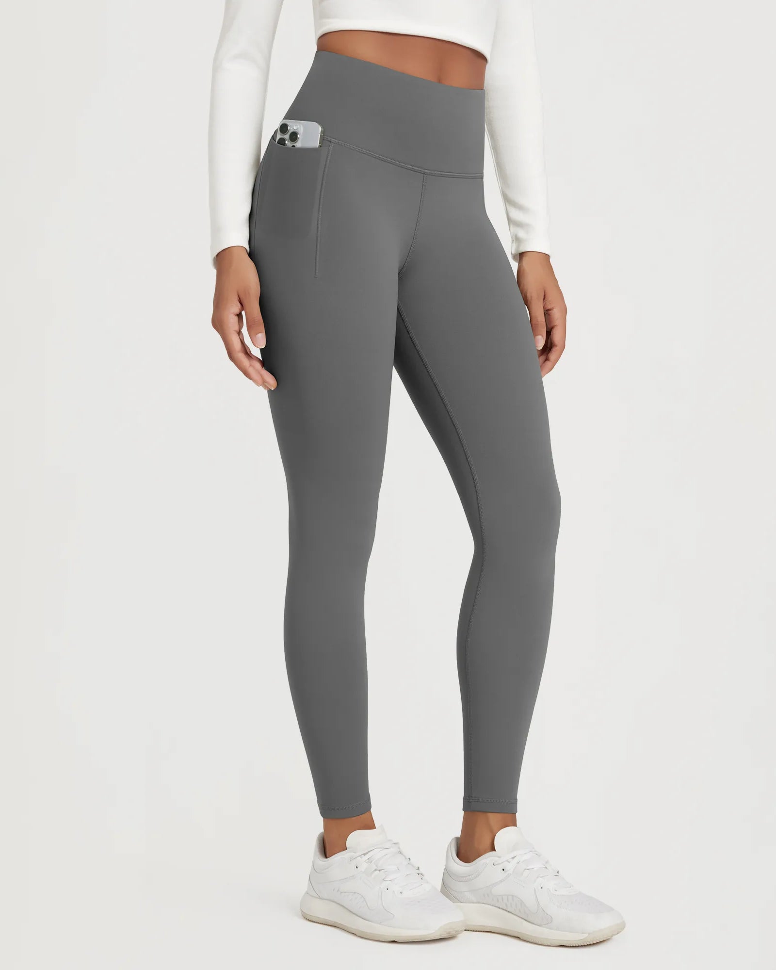 25" Fleece Lined Leggings with Pockets in gray color, designed for comfort and practicality.