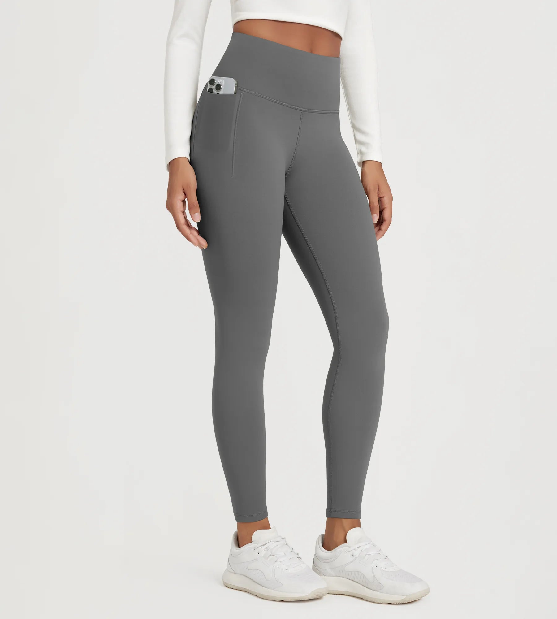25" Fleece Lined Leggings with Pockets in gray color, designed for comfort and practicality.