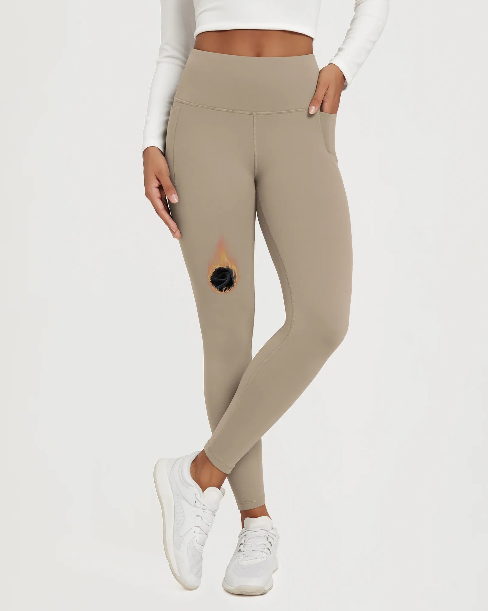 25" Fleece Lined Leggings with Pockets in beige color, featuring a burn mark detail and a sleek fit.