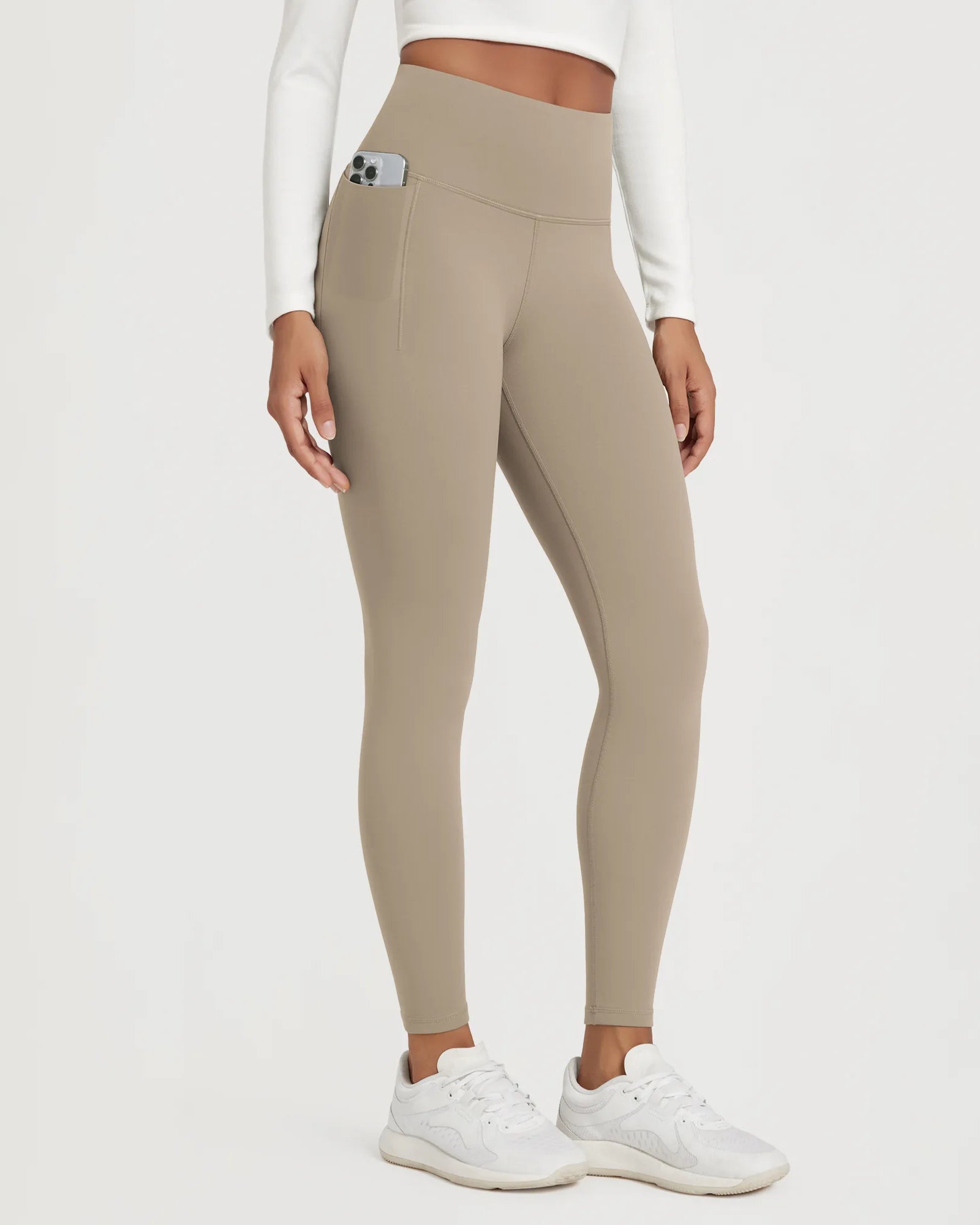 25" Fleece Lined Leggings with Pockets in khaki, featuring a side pocket for convenience.