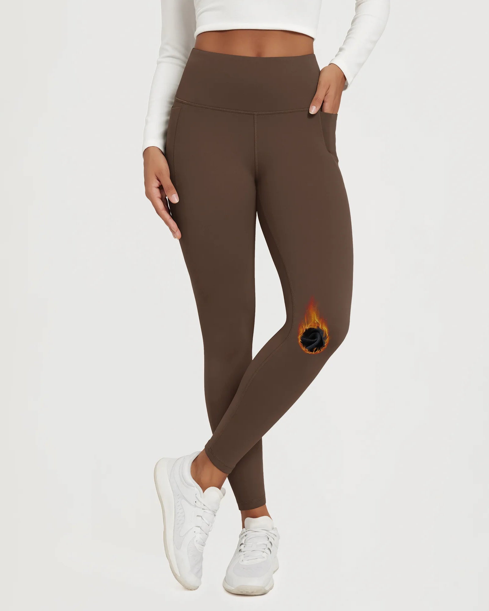25" Fleece Lined Leggings with Pockets in brown with unique fire design on the leg.