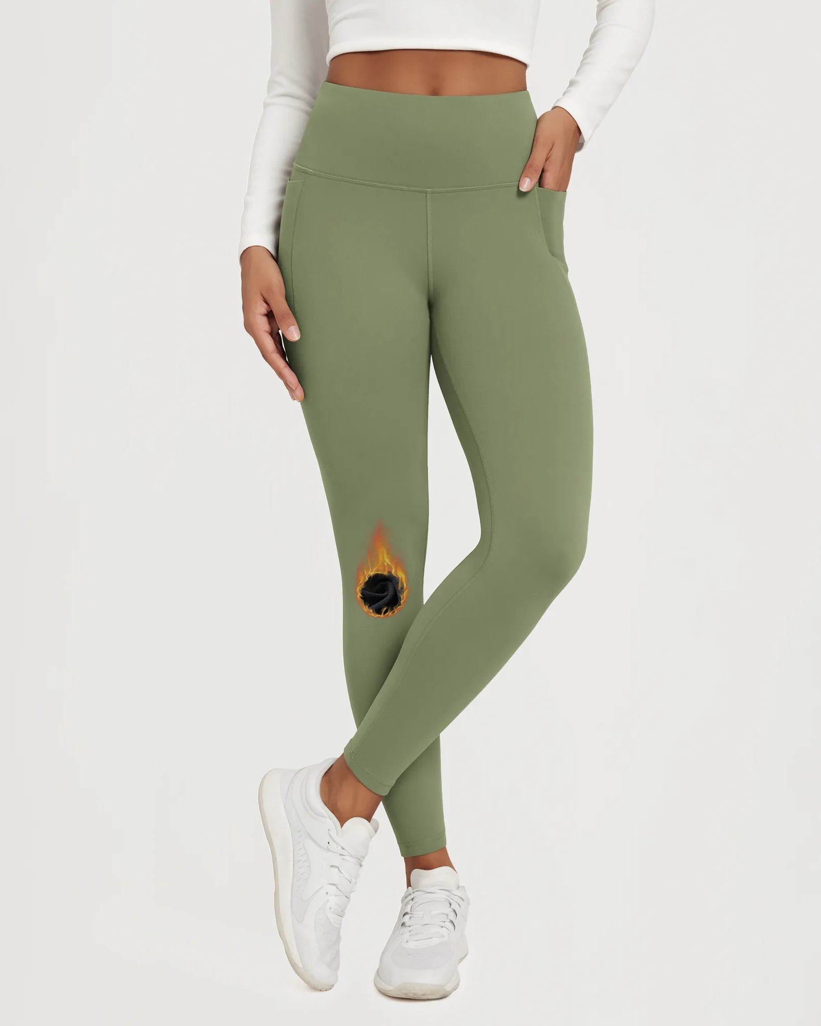 25" Fleece Lined Leggings with Pockets, showcasing a model wearing olive green leggings with pockets.